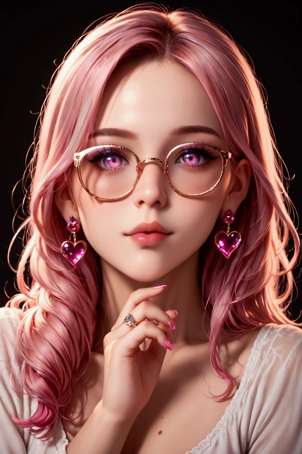 A young woman, likely Asian, with vibrant pink hair, is depicted in a digital image style. She is positioned slightly to the left of center within the frame, gazing directly at the viewer. Her light-colored eyes are accentuated by round-rimmed glasses. Her expression is serene and thoughtful.  She wears a light, off-white, or cream-colored, loose-fitting top. Small, heart-shaped earrings adorn her ears.  Her skin appears smooth and light-toned;  she has a delicate and soft facial structure and full lips. Her hair is voluminous, cascading over her shoulders and chest, and displays soft highlights. Her body posture is relaxed, and her right hand rests gently near her face and upturned with light-colored nails.  A ring is visible on her finger.  The overall color palette is pastel, predominantly pink, light beige, and shades of light brown. The image has a delicate and refined, almost dreamy, atmosphere.  The lighting is soft and diffused, casting subtle highlights on the subject's face and hair. The perspective is presented as slightly above the subject. The style is image-inspired.