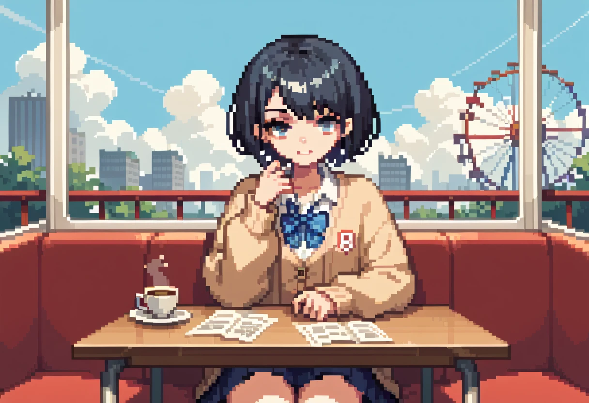  pixel art、solo,2D, beautiful illustration ,throw,Coffee lounge,Sitting facing the Viewer on a square table, looking at viewer,School uniform, Cardigan,black hair ,short hair,bags、Sofa,Window,The submerged city seen from the window、Ferris Wheel