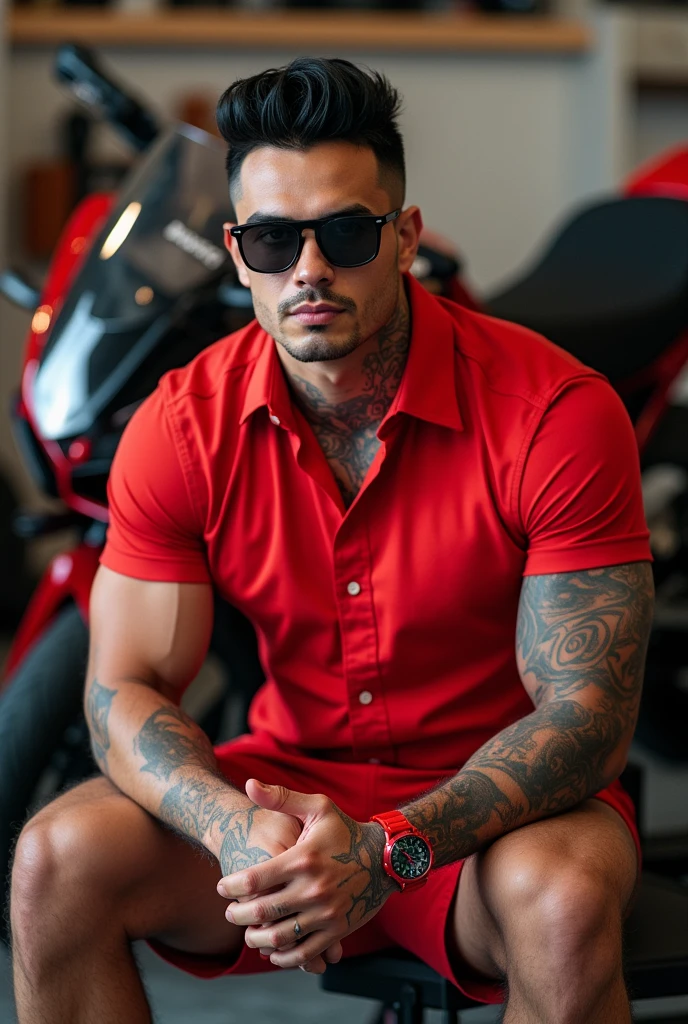 (absurdres, highres, ultra detailed, Ultra HD), a muscular handsome man, (wearing (a red colour open shirt) and pants), (tattooed chest: 1.2), red hair, short hairstyle, detailed face, perfect facial features, smooth skin, beautiful, gorgeous, wet, mature, perfect eyes, sexy gaze, looking at the viewers romantically, large bare chest, largest breast, extremely large pectorals, big nipples, (chest tattoos only), full body view,