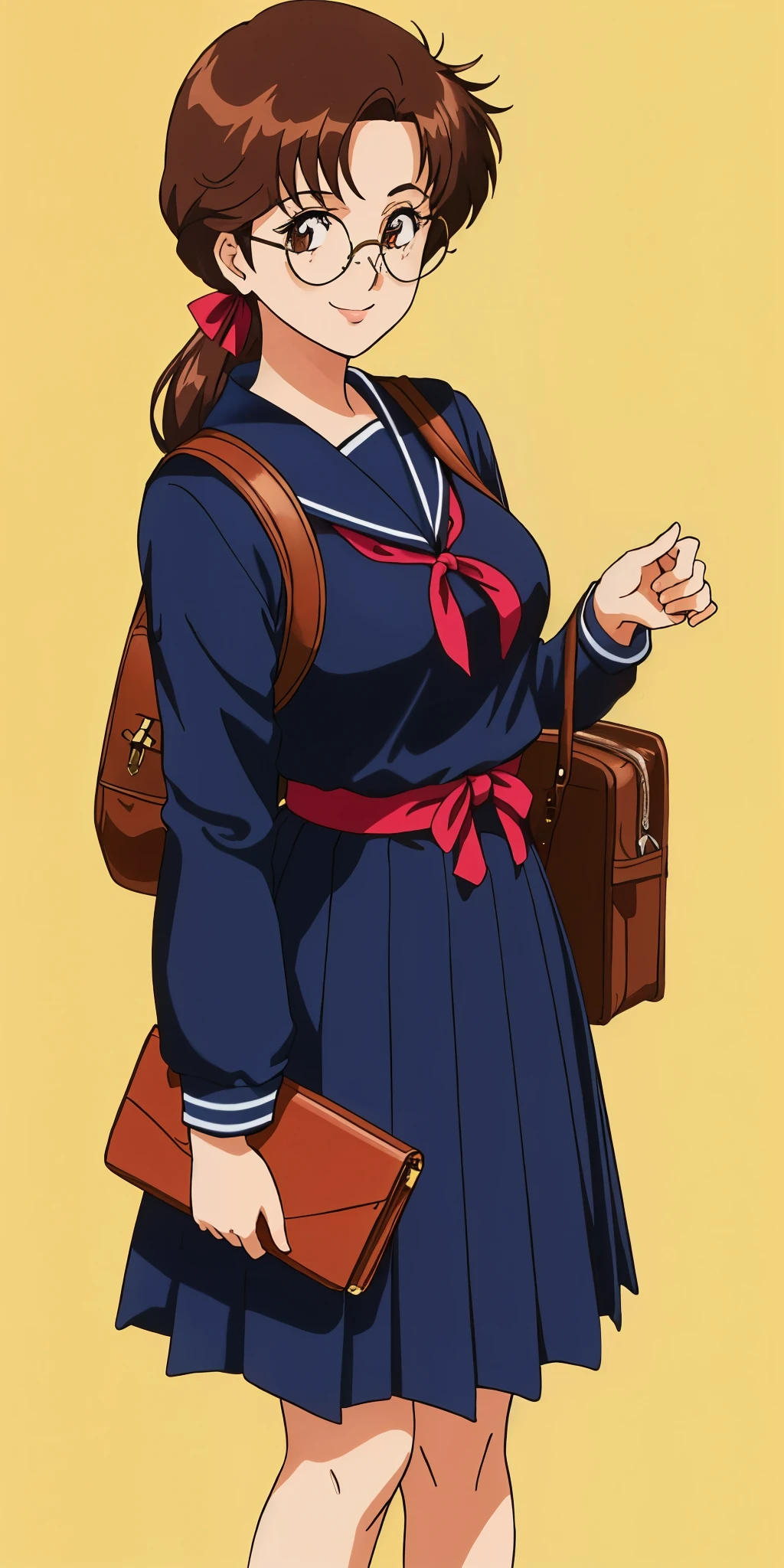 Young woman drawn in 80’s anime art style. 
Retro anime. Vintage Anime. Classical Anime. 
Black Dark Brown HAIR
Long Nihongami Hair
(Round Glasses)
(Round and Circle eyes)
(Light Brown eyes)
(Medium Sized Eyebrows)
(Freckles on Cheek)
(Light Tan Woman)
(Medium Breast)
Seductive Smile

She is wearing a sailor fuku (セーラー服, sērā fuku, sailor outfit) is a common japanese style of uniform worn by women, traditionally by high school female students. 

The uniform generally consists of a sailor-styled blouse attached with a (Navy blue sailor-style collar) and a Dark Navy Blue Sailor Blouse. The length of the long skirt goes down past her ankle.

A ribbon is tied in the front and laced through a loop attached to the sailor blouse. The color is the ribbon is red. (RED RIBBON)

(Dark Navy Blue Sailor Shirt)
(Dark Navy Pleated Skirt)

She is holding a brown briefcase and wearing a backpack. 
She is visiting a High School.

(Solo)
