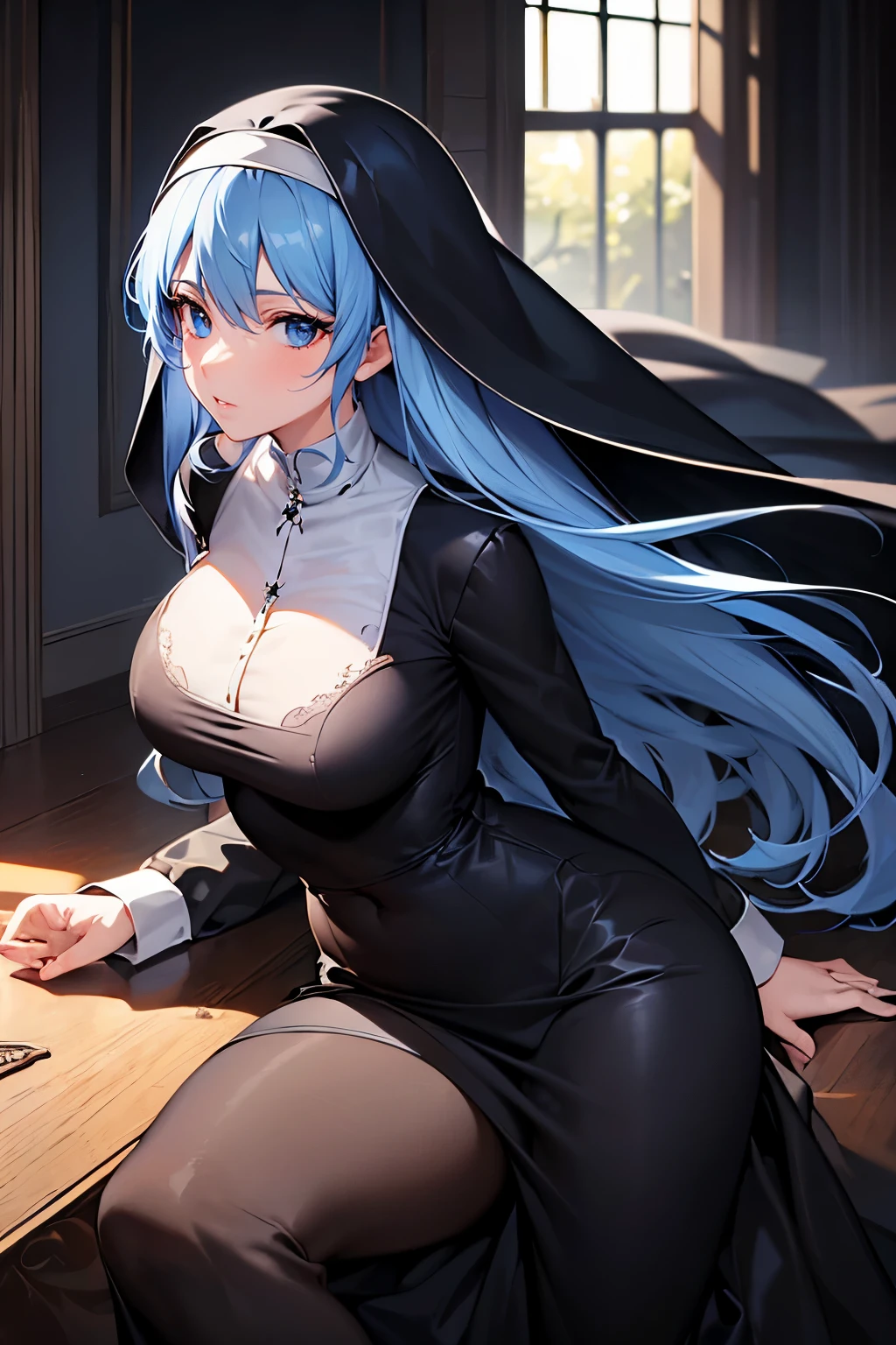 masterpiece, best quality, (extremely detailed CG unity 8k wallpaper), (best quality), (best illustration), (best shadow), absurdres, realistic lighting, High definition, Lady, solo, nun, loose outfit, prim, long veil, topaz blue eyes, perfect face, elegant, (topaz blue hair: 1.2), elegant pose, effect background, art by guweiz