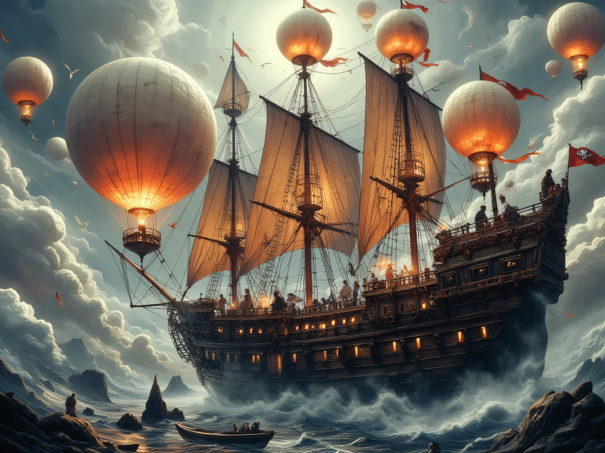 A majestic wooden ship with hot air balloons, in the style of steampunk, floating in the sky, surrounded by clouds and misty light. The scene is full of fantasy elements, with people on board dressed as pirates. The colors used are warm tones such as reds, oranges, and yellows, creating an atmosphere reminiscent of ancient sea adventures. High-resolution photography, professional color grading, soft shadows, low contrast, clean sharp focus, film grain effect.