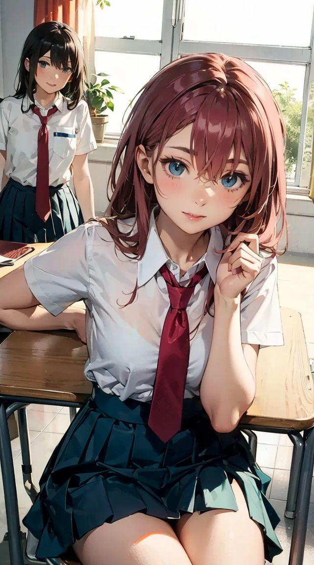 1girl,absurdres,ayase_momo,blue_skirt,blush,brown_footwear,brown_hair,classroom,closed_mouth,dandadan,desk,earrings,elbow_rest,from_behind,full_body,hair_behind_ear,hair_between_eyes,hashtag-only_commentary,highres,indoors,jewelry,kneehighs,kneepits,leaning_forward,legs,light_smile,long_sleeves,looking_at_viewer,looking_back,loose_socks,miniskirt,pink_sweater,pleated_skirt,red_eyes,school_desk,school_uniform,shoes,short_hair,skirt,sleeves_past_wrists,socks,solo,standing,sverhnova,sweater,thick_eyebrows,white_socks, best quality, masterpiece, nai3