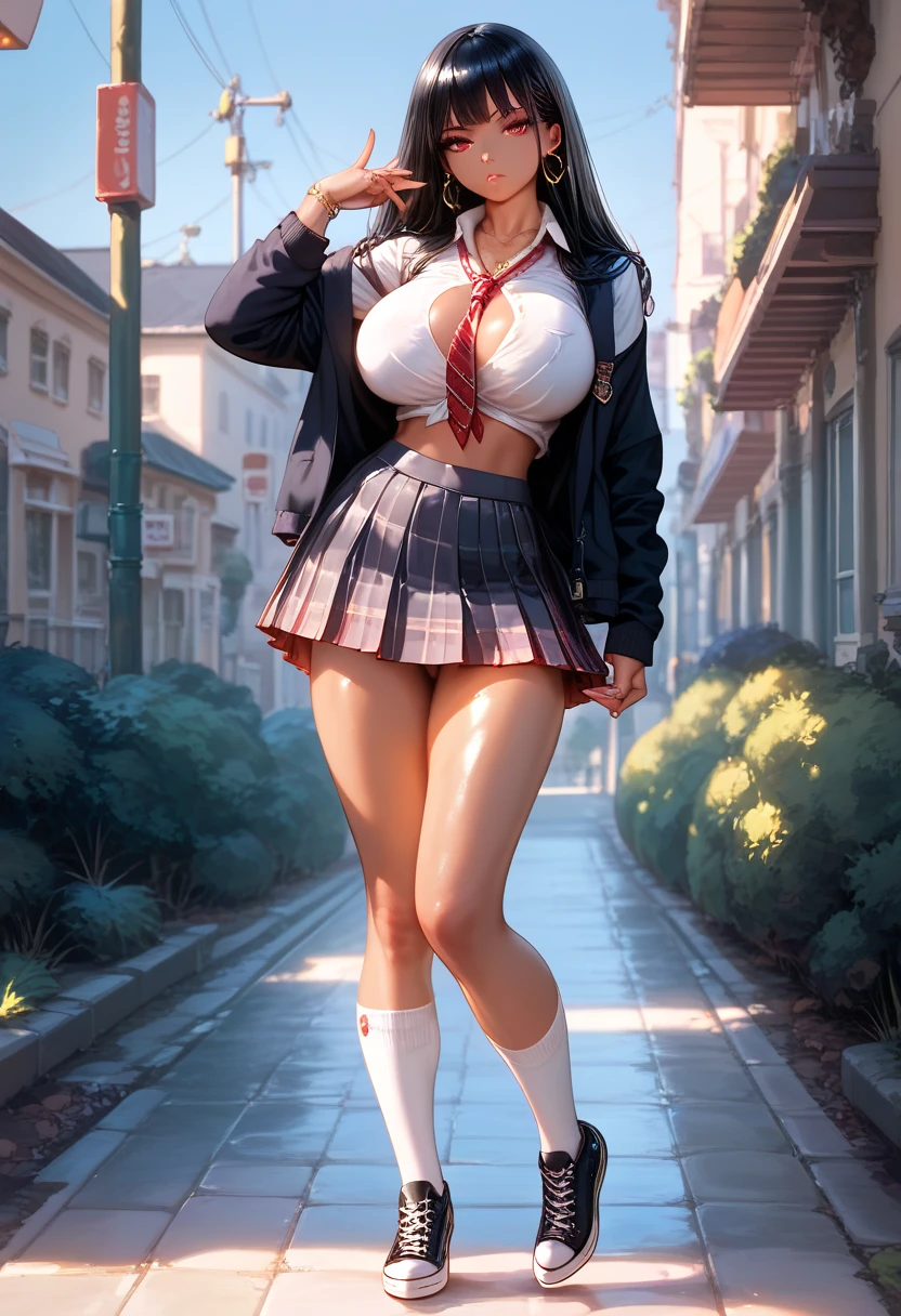 (masterpiece, detailed: 1.2, best quality), 1girl, gyaru, black hair, straight hair, necklace, earrings, (wearing high school uniform), JK, big breast,  fair skin, short white socks, black converse shoes, sucking pop, looking at viewer, expressionless, portrait, full-body, long legs, red eyes, shiny 