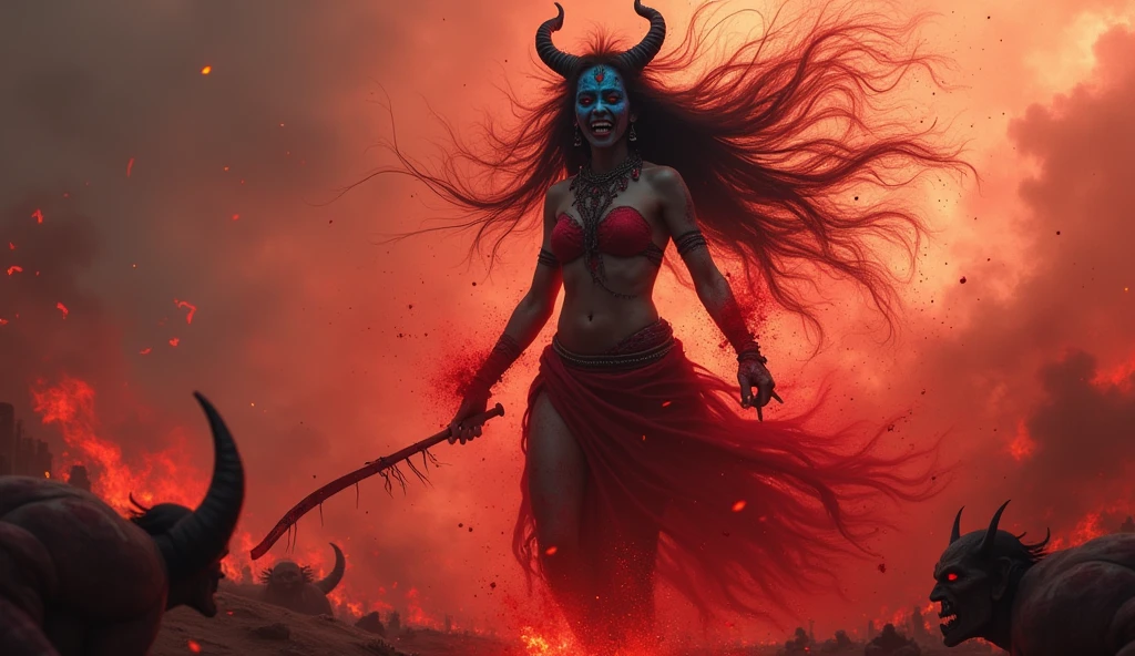 A seductive female demon with fiery red skin and glowing eyes, dressed in black leather armor adorned with spikes, dances amidst a landscape of molten lava and towering flames. Her long, flowing hair flickers like fire as she moves with hypnotic grace, wielding a glowing trident. The scene captures the intense, dark energy as the infernal beats echo around her. Aim for realistic depiction, make sure photos are at highest resolution (8K)
