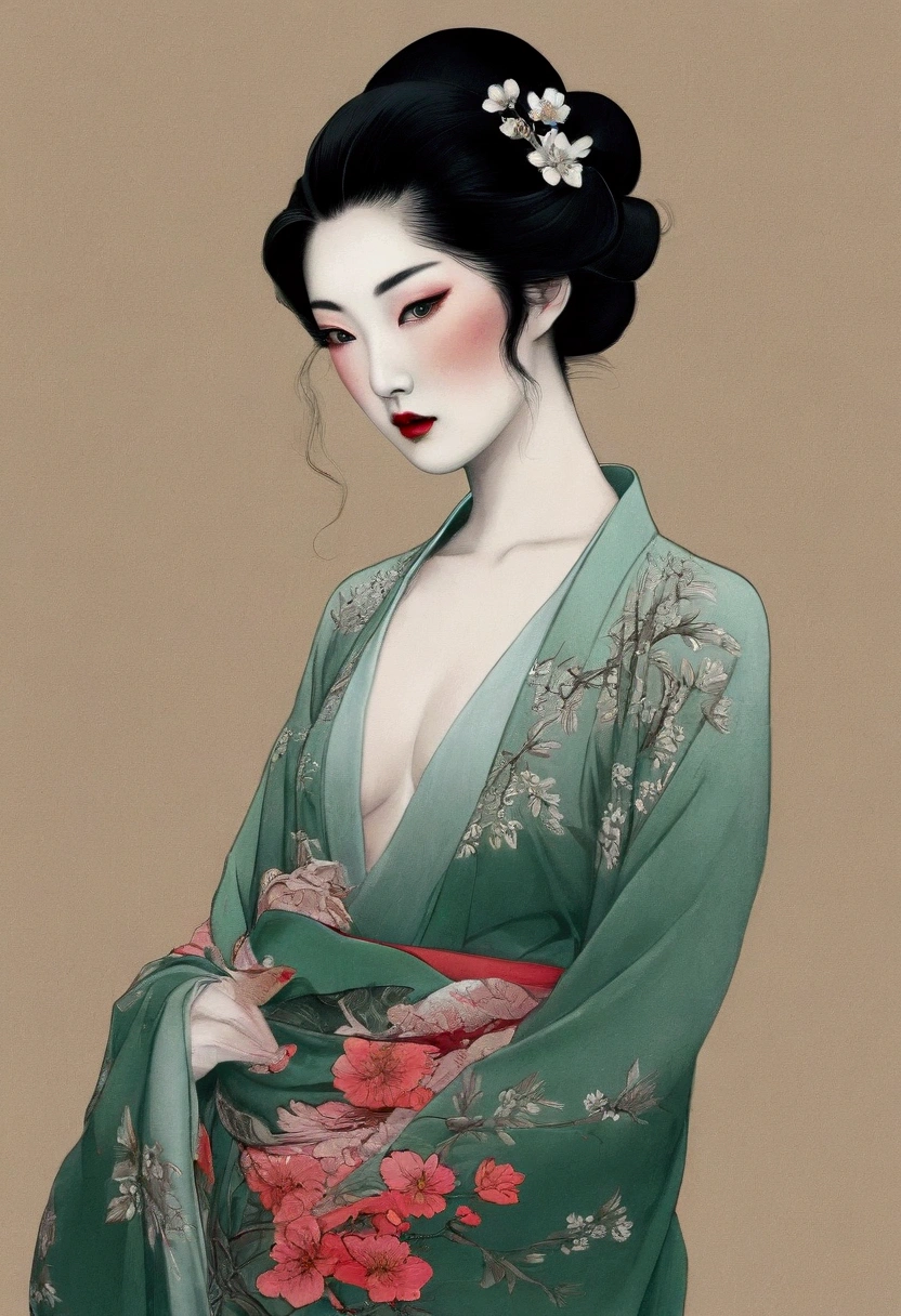 chiaroscuro technique on sensual illustration of an elegant asian lady, A vibrant fashion collective, combining aesthetics with sustainable materials, , vintage , matte eerie, silky matte painting, by Hannah Dale, by Harumi Hironaka, extremely soft colors, vibrant, highly detailed, digital artwork, high contrast, dramatic, refined, tonal, Focus on touch, connection, and relaxation