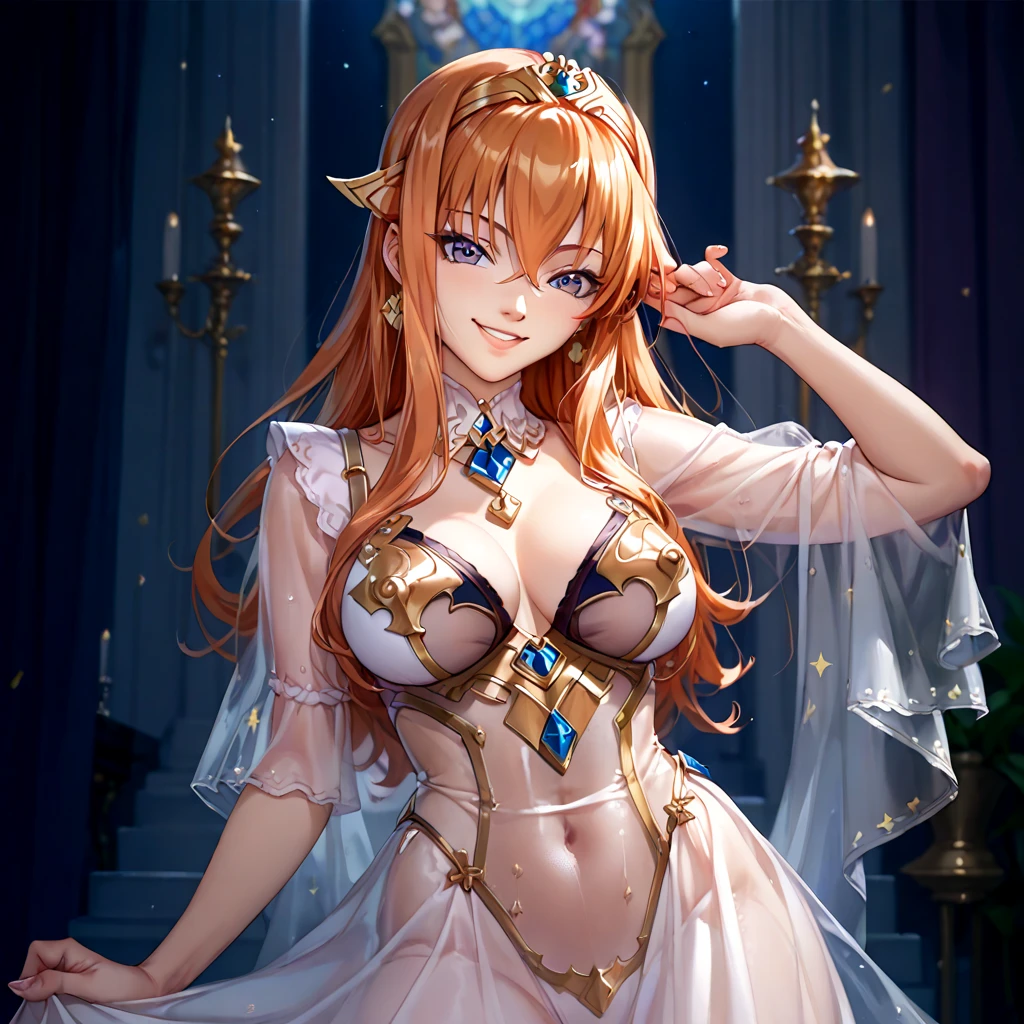 (( top quality )), ((masterpiece)), ( Details), （ perfect face）、Orange-haired Maya Cordelia is wearing a see-through sexy dress and smiling in a pose showing off her charming body