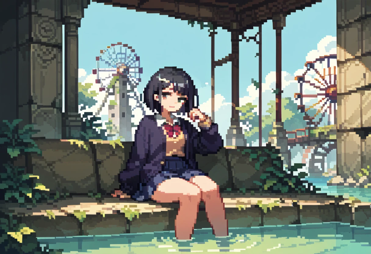  pixel art、solo,2D, beautiful illustration ,from front,throw,Coffee lounge,Sitting facing the Viewer on a square table, looking at viewer,School uniform, Cardigan,black hair ,short hair,bags、Sofa,Window,Submerged ruins、Ferris Wheel