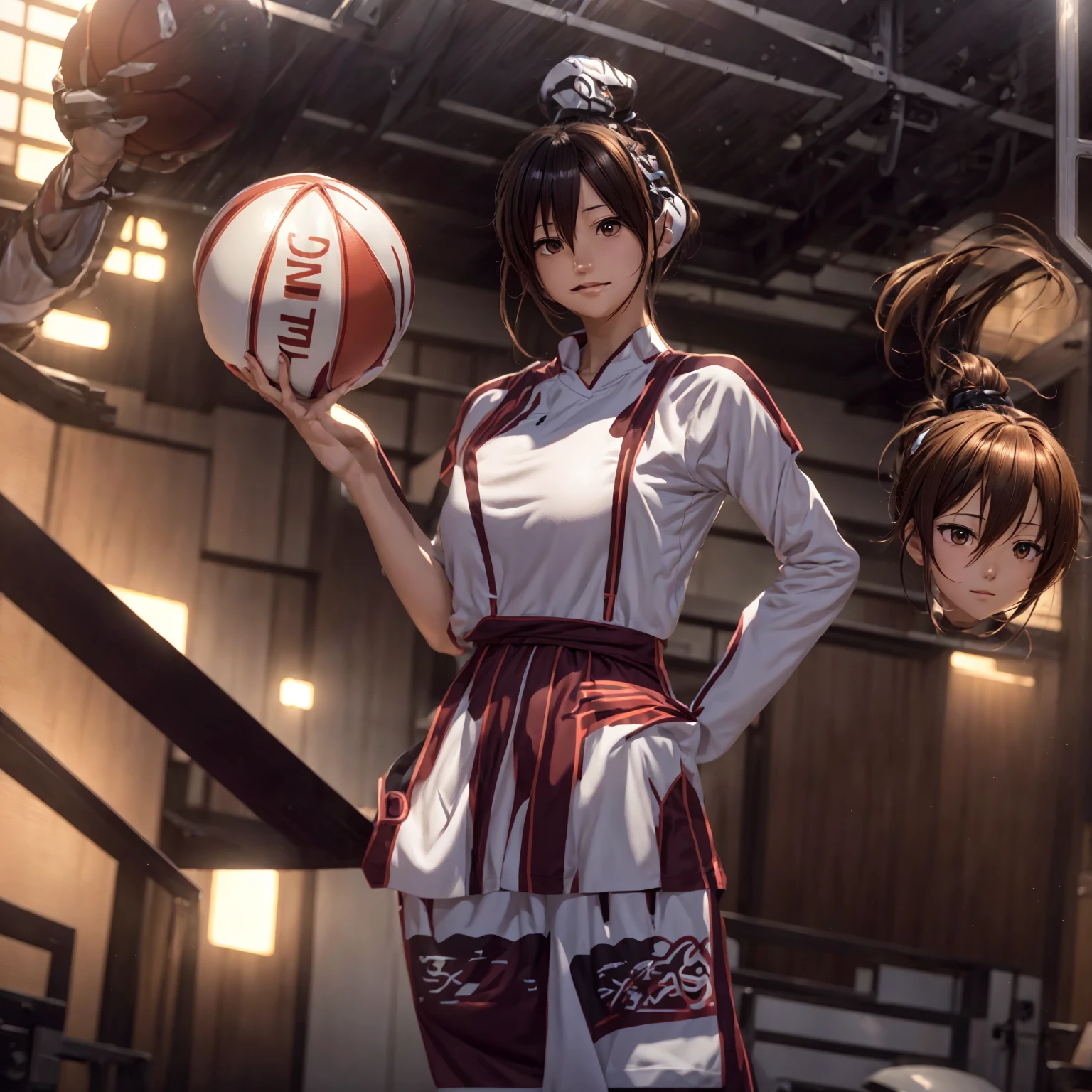  has a lady holding a basketball in her hand,  realistic anime 3D style,  anime style. 8K,  anime styled 3d,  anime virtual anchor full body model , 高质量 anime style,  Gouvez-style art , anime cgi style , in an  anime style, An ultra-realistic female student , 现实主义 anime style, Style Anime