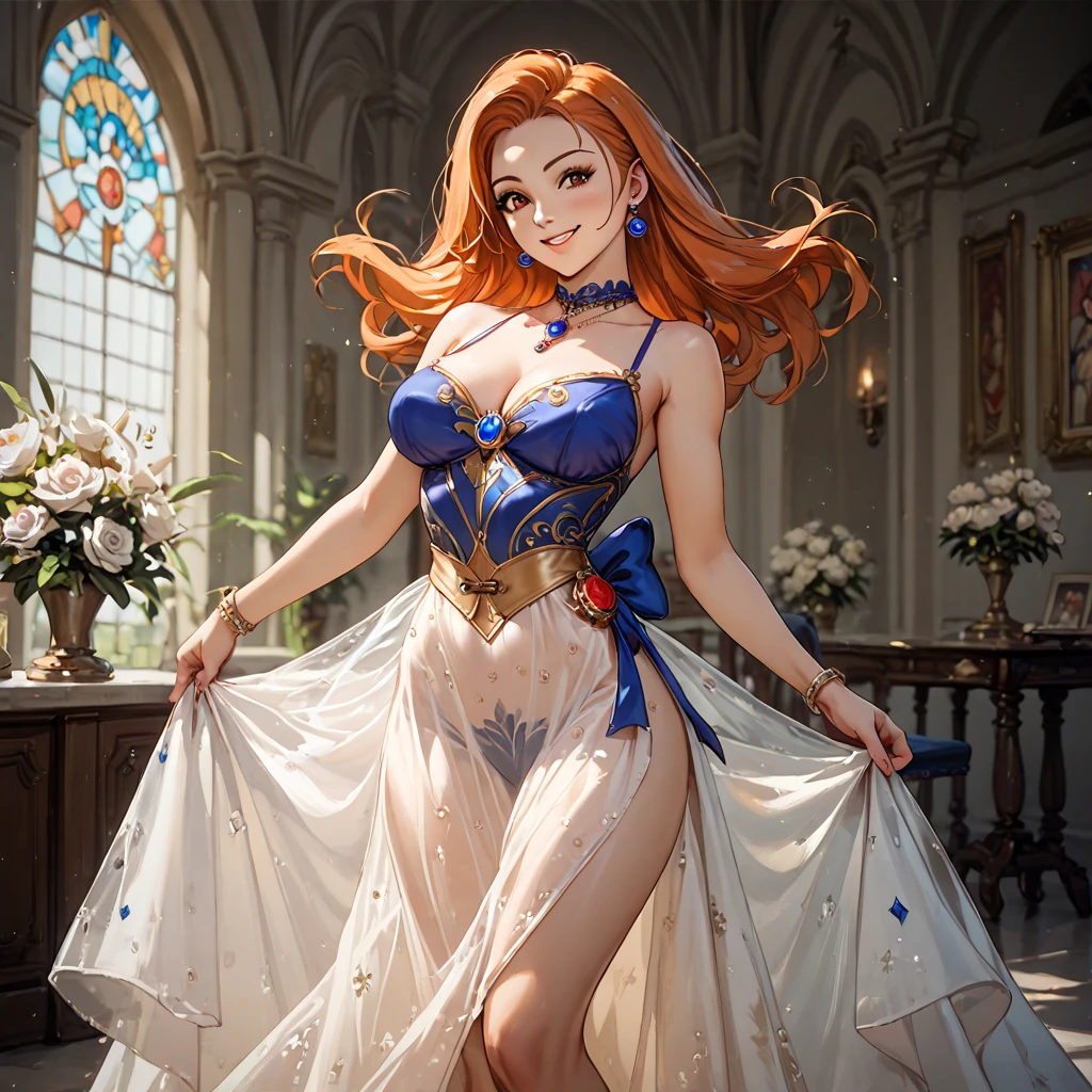 (( top quality )), ((masterpiece)), ( Details), （ perfect face）、Orange-haired twin-tailed Jessica Albert is wearing a see-through sexy dress and smiling in a pose showing off her charming body