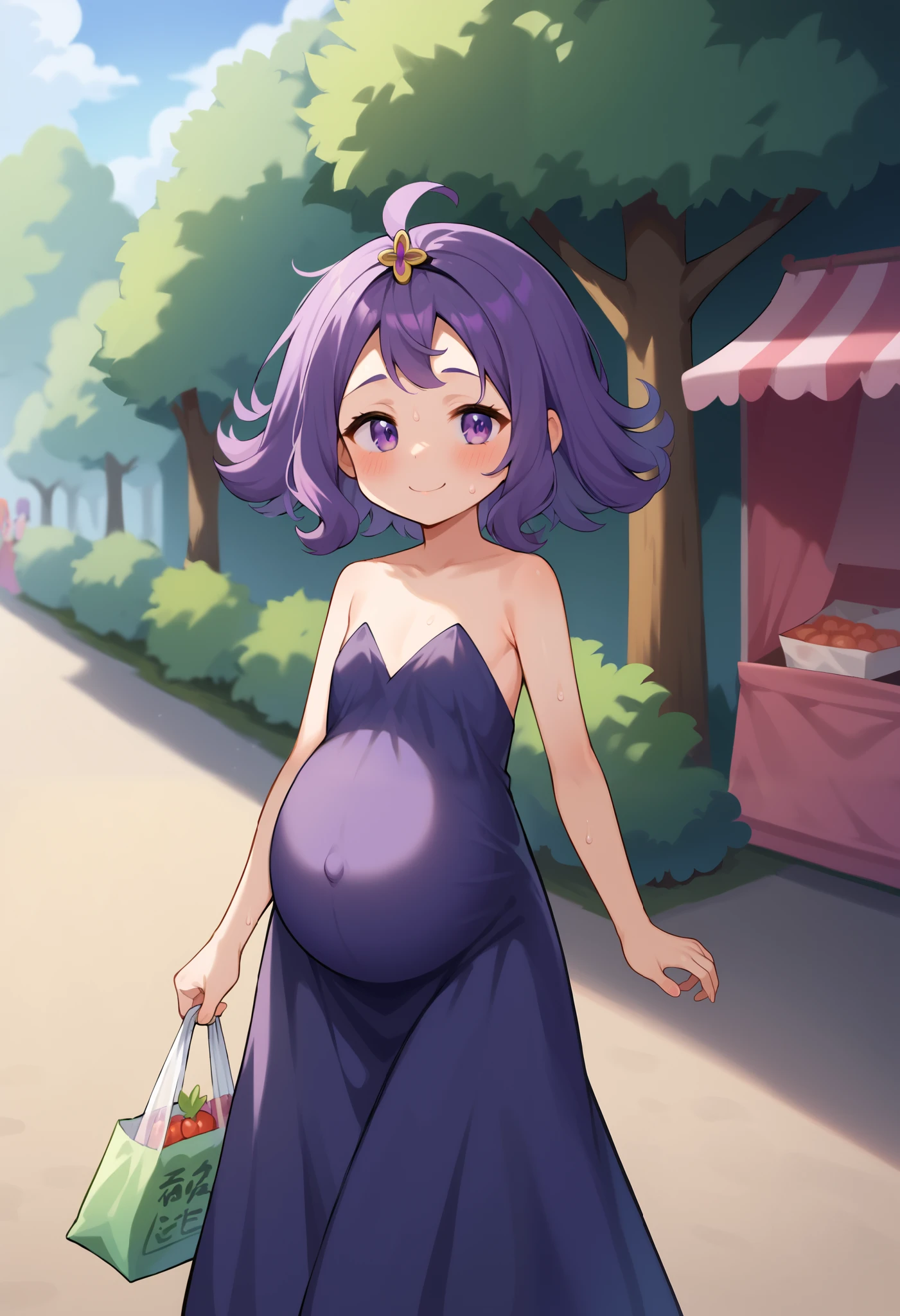 score_9, score_8_up, score_7_up, score_9, BREAK, dress, smile, (**li), pale skinned female, purple hair, background, 2D, medium shot, young, flat chest, girl, deep cleavage, revealing clothes, ba singsei, market background, prostitute, bangs, loose hair, acerola's dress, acerola's clothes, purple dress, purple skirt, long skirt, sweat, blush, disheveled, sloppily dressed, sleeveless, (loose clothes), half-dressed, loose cleavage, walking, market, just had sex, embarrassed, shopping bag, bag in hands, nude, alone, 1girl, 1 character, tree in background, pregnant, pregnancy, purple eyes, :3, 