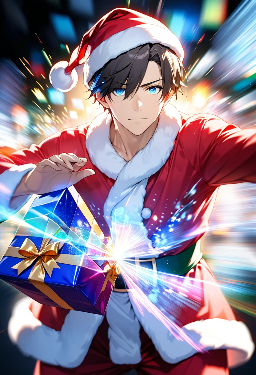  dark-haired young man"Asuka"Serious expression of  ,Good-looking smart blue-eyed Santa Claus figure , Alone ,background:Iridescent illumination light in the dark ,  pose: throwing presents at me  , A present that is coming towards us(( motion blur:2.5 ,  Double Exposure :1.2 ,LED Magic Effects :2.0 ,backgroundぼかし , excitement ))