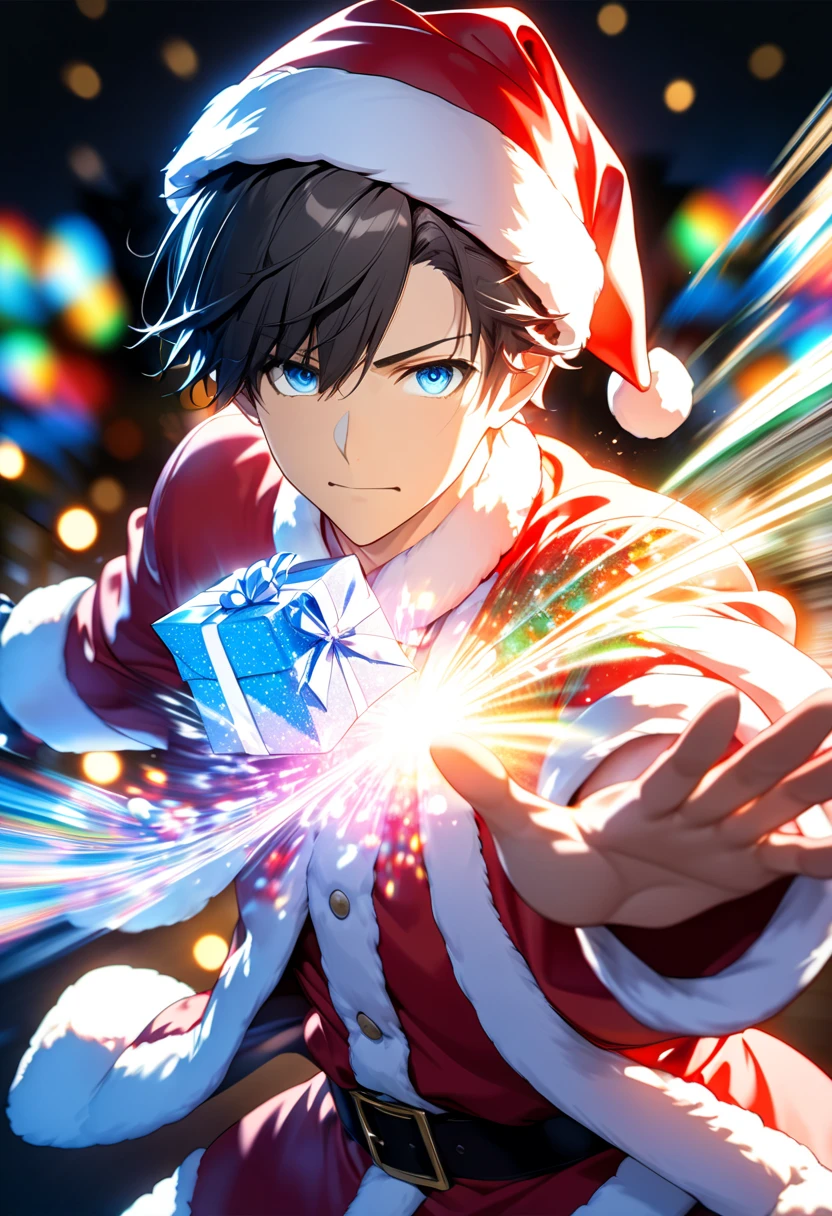  dark-haired young man"Asuka"Serious expression of  ,Good-looking smart blue-eyed Santa Claus figure , Alone ,background:Iridescent illumination light in the dark ,  pose: throwing presents at me  , A present that is coming towards us(( motion blur:2.5 ,  Double Exposure :1.2 ,LED Magic Effects :2.0 ,backgroundぼかし , excitement ))