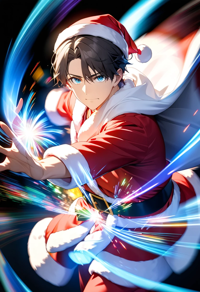  dark-haired young man"Asuka"Serious expression of  ,Good-looking smart blue-eyed Santa Claus figure , Alone ,background:Iridescent illumination light in the dark ,  pose: throwing presents at me  , A present that is coming towards us(( motion blur:2.5 ,  Double Exposure :1.2 ,LED Magic Effects :2.0 ,backgroundぼかし , excitement ))