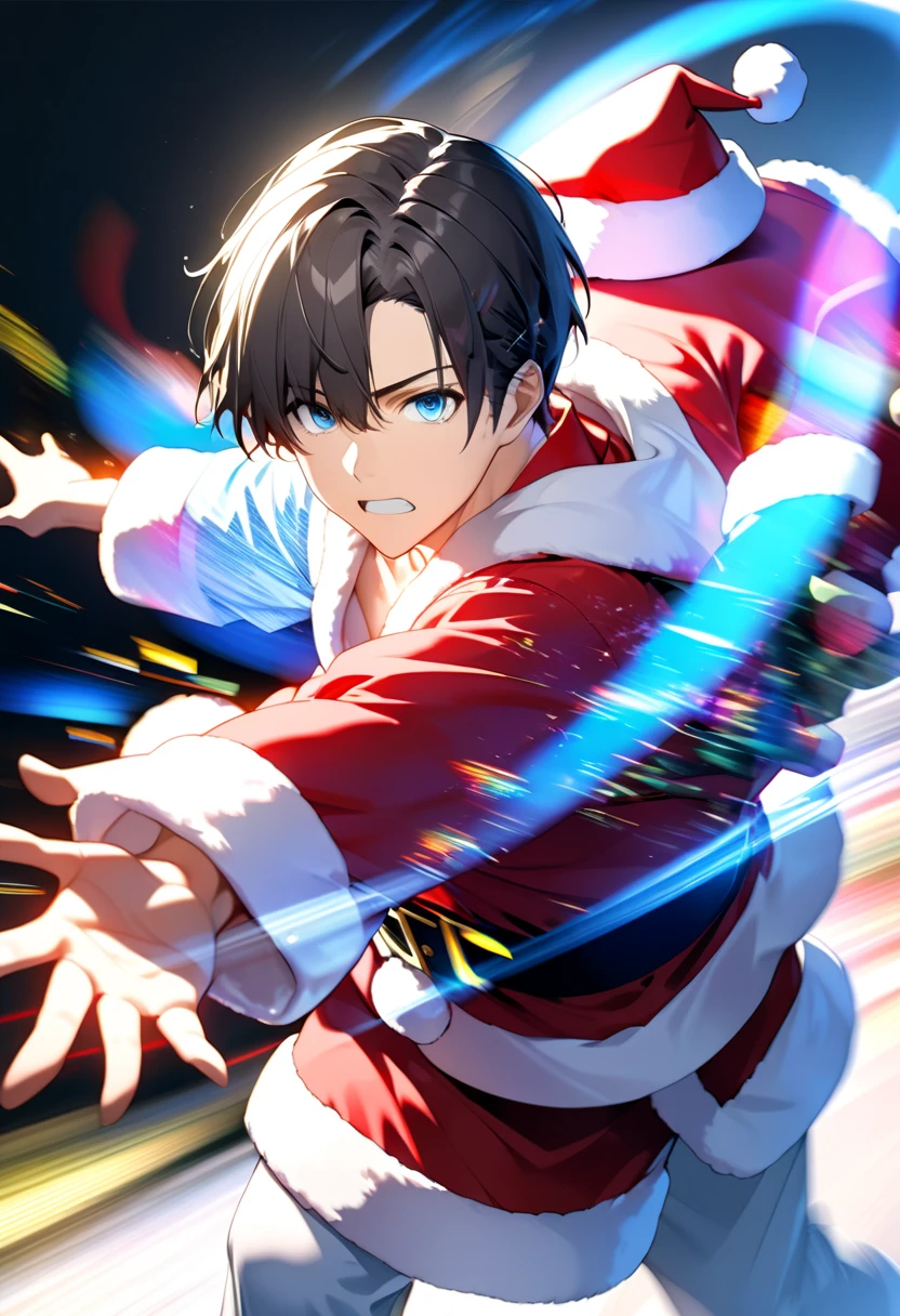  dark-haired young man"Asuka"Serious expression of  ,Good-looking smart blue-eyed Santa Claus figure , Alone ,background:Iridescent illumination light in the dark ,  pose: throwing presents at me  , A present that is coming towards us(( motion blur:2.5 ,  Double Exposure :1.2 ,LED Magic Effects :2.0 ,backgroundぼかし , excitement ))