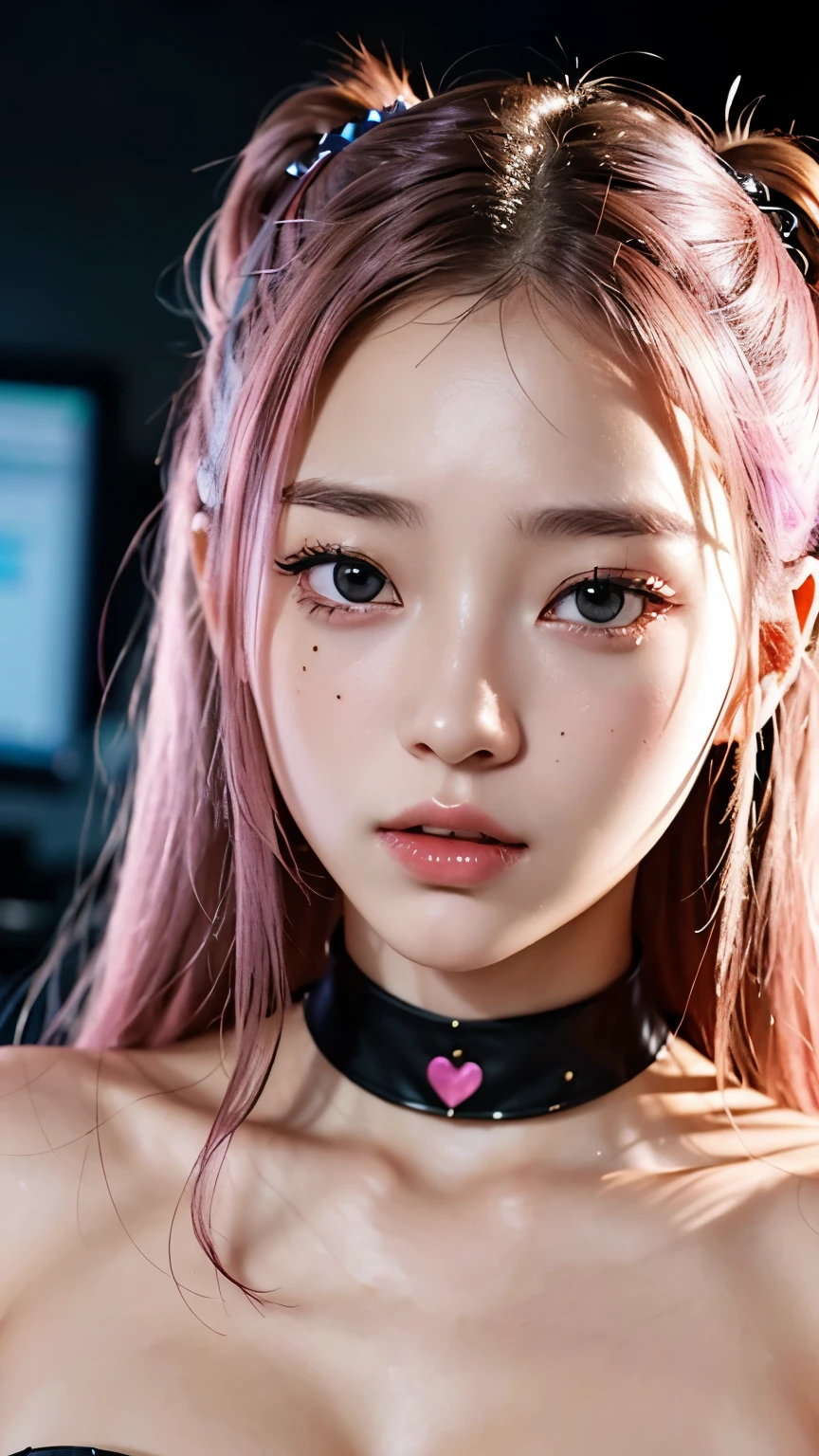 (heart pasties :1.3),(orgasm face:1.5) ,(Pink Hair :1.3),(Genuine))))photograph, ((whole body:1.1)), highest quality, 1 female, Highly detailed face, Detailed lips, Fine grain, double eyelid, Beautiful Face, Beautiful Eyes, (Red bodysuit, Red latex), (Shiny), Orange Hair, Twin tails, Narrow waist, highest quality, Pale skin, Sue Liu Asuka Langle, Plug Suit 02, Black background, (Face and eye details:1.1) , Self-righteous, blush, ((shy)), Very delicate and beautiful girl, Dynamic pose, (to8contrastスタイル)