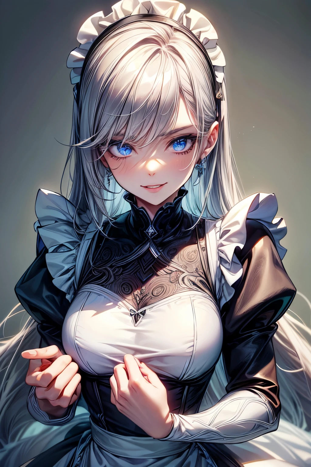 (best quality,4k,high resolution,masterpiece:1.2),a maid is getting angry, pointing to a blue earth, detailed eyes,beautiful detailed lips,extremely detailed blue eyes and face, long silver hair, long eyelashes, Europian noble face with sadistic rage, evil face, cruel mouth to whisper,upper body portrait,  tightly fitted outfit,black long-sleeved maid costume,wearing white apron, wearing long skirt.