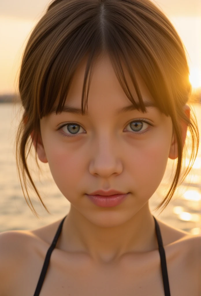 Masterpiece, 8K, ************, adorable, very pretty, adolescent, seaside,  japanese girl, age 7, 7 y.o., (portrait, close-up:1.2),exposed forehead, scrunchie,( cheek,glossy lips:1),sheer fabric,  looking at viewer, juvenile physique ,sweaty, (baby face),   (suggestive, smile:0.7), (pale skin:1), (from side), sunset,  catch_light, charm of adolescent,