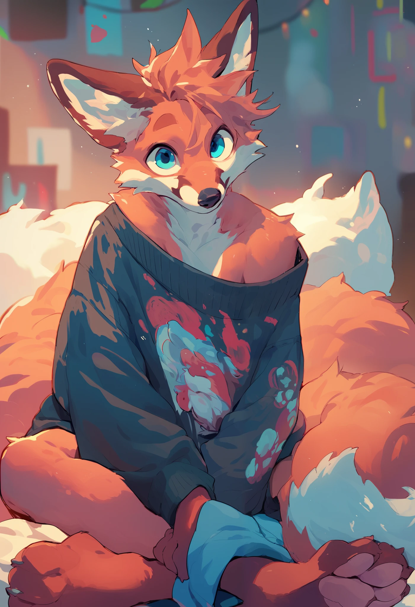 a fox with complexly patterned fur, neon fur colors,  blue eyes, cute, wearing an oversized v cut sweater, paws, fluffy, large tail, messy hair, male, background is a bedroom, detail