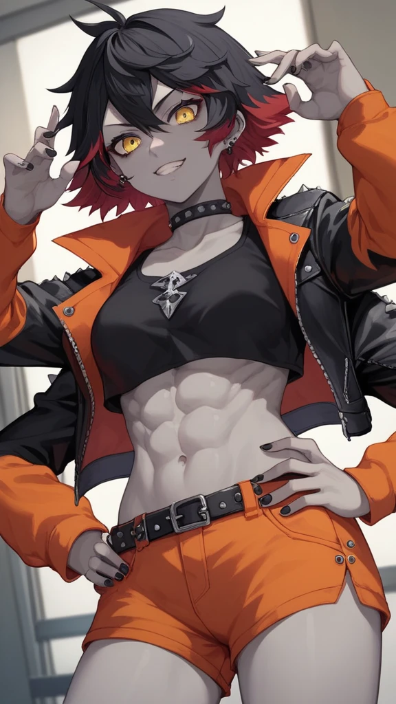 score_9, score_8_up, score_7_up, source_anime,
Susaru , Susaru ,  short hair,  black hair,  yellow eyes ,   red hair , multicolo  red hair ,  two-tone hair , grey skin,
black top, sub-chest,  extra arms, Only two hands, rocker girl, light abs,
 in the room , studded leather long jacket with orange sleeves, short black top, orange shorts
One,  looks at the viewer,  dutch angle,