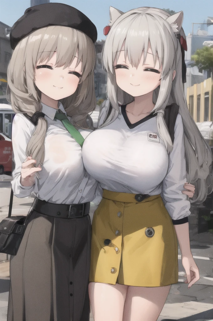 best quality, masterpiece,  1girl, pptsuki, white shirt, grey hair, mature female, hair over shoulders, bangs, closed eyes, huge breast, long sleeves, skirt, long skirt, outdoors, yellow skirt, light smile, closed mouth, cowboy shot,