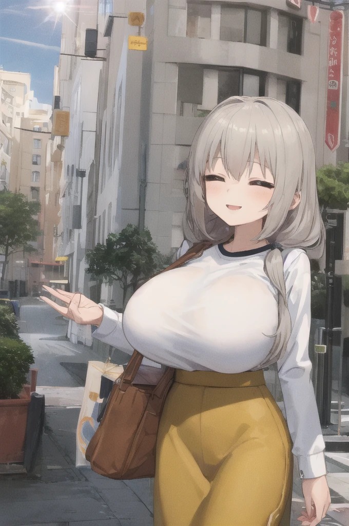 best quality, masterpiece,  1girl, pptsuki, white shirt, grey hair, mature female, hair over shoulders, bangs, closed eyes, huge breast, long sleeves, skirt, long skirt, outdoors, yellow skirt, light smile, closed mouth, cowboy shot,