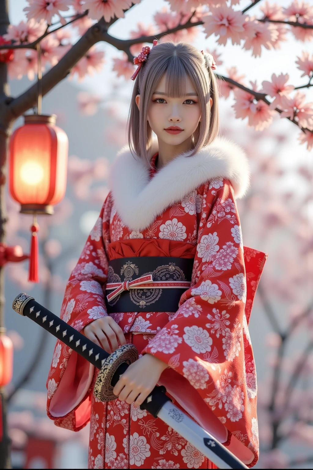 It depicts a beautiful Japanese woman in a kimono、A beautiful Japanese woman wearing a traditional kimono, adorned with intricate patterns, celebrating New Year's in a serene setting filled with cherry blossoms and lanterns, A beautiful Japanese woman wearing a kimono, holding a katana in a iaijutsu stance, set against a stunning winter background with snow-covered trees and a serene atmosphere, high detail, cinematic lighting, vibrant colors, traditional Japanese aesthetics、soft lighting, vibrant colors, traditional Japanese art style, (new year's day, first visit),(8k, top-quality, masterpiece​:1.2, extremely detailed), (photorealistic), beautiful illustration, natural lighting,((perfect anatomy, anatomically correct, super detailed skin)), 