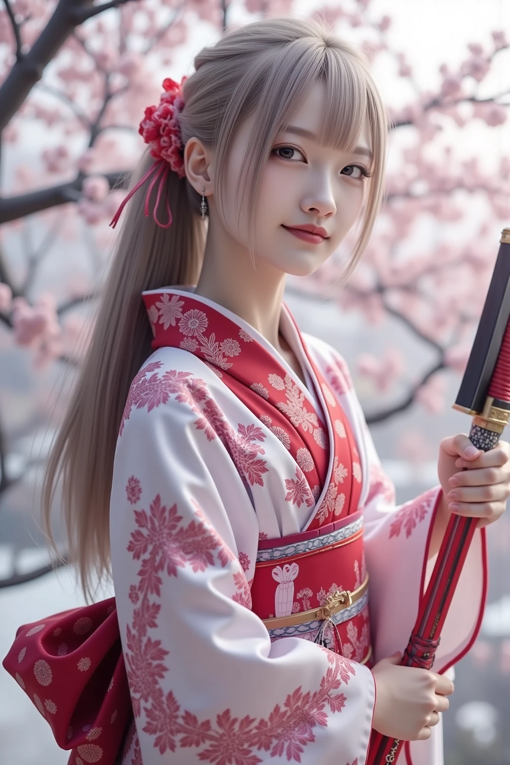 It depicts a beautiful Japanese woman in a kimono、A beautiful Japanese woman wearing a traditional kimono, adorned with intricate patterns, celebrating New Year's in a serene setting filled with cherry blossoms and lanterns, A beautiful Japanese woman wearing a kimono, holding a katana in a iaijutsu stance, set against a stunning winter background with snow-covered trees and a serene atmosphere, high detail, cinematic lighting, vibrant colors, traditional Japanese aesthetics、soft lighting, vibrant colors, traditional Japanese art style, (new year's day, first visit),(8k, top-quality, masterpiece​:1.2, extremely detailed), (photorealistic), beautiful illustration, natural lighting,((perfect anatomy, anatomically correct, super detailed skin)), 