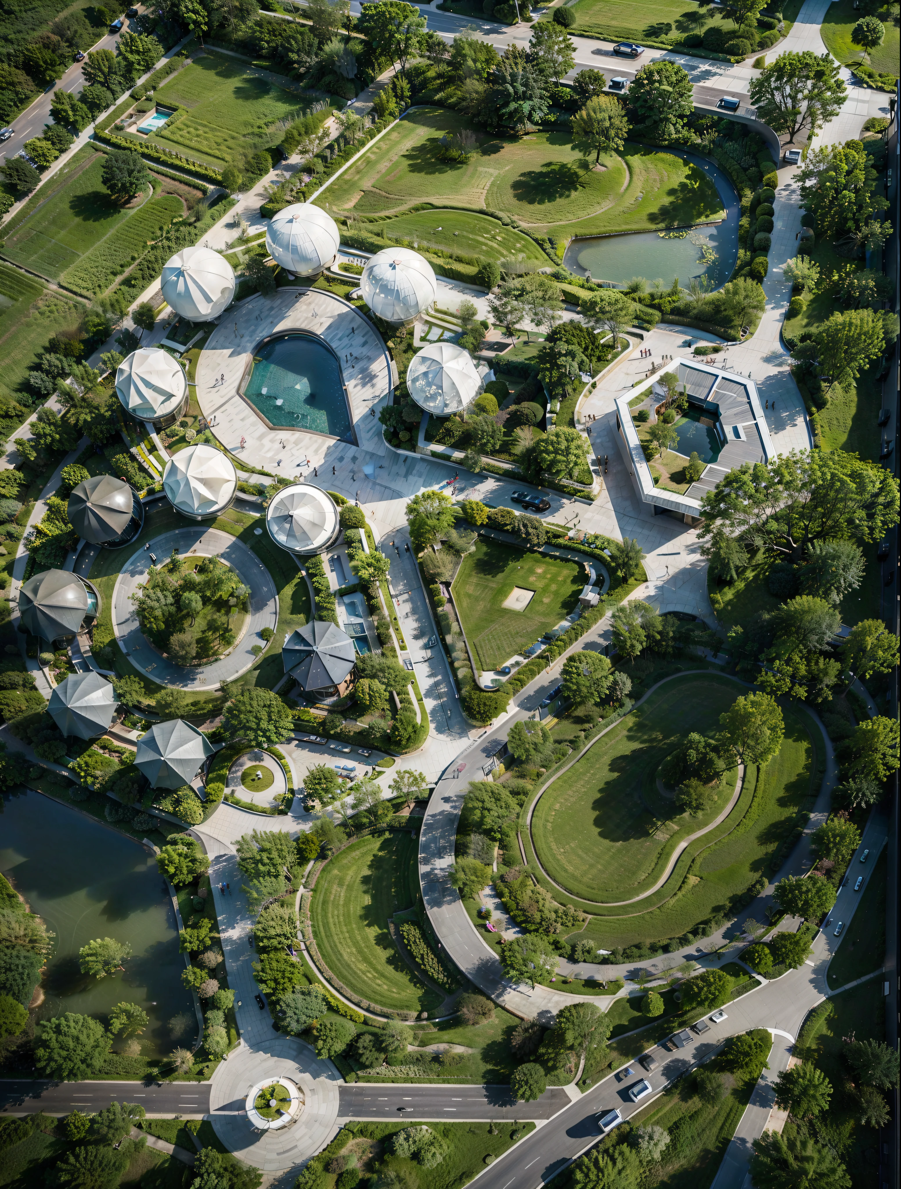 Resort by Zaha Hadid, Realistic, people on walkways, gardens, green areas, pools, people walking, flawless, aerial