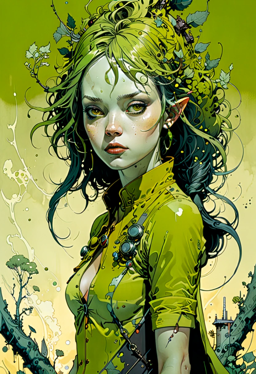 portrait of josierz, crying, dramatic lighting, spread make-up, illustration by Greg rutkowski, green mist, ruinedlol, dark, highly detailed face, headband red, choker, yellow shirt, latina, fine details, sweat, storm, rain, chaos, darkness, yoji shinkawa, 4k, digital art, concept art, trending on artstation
