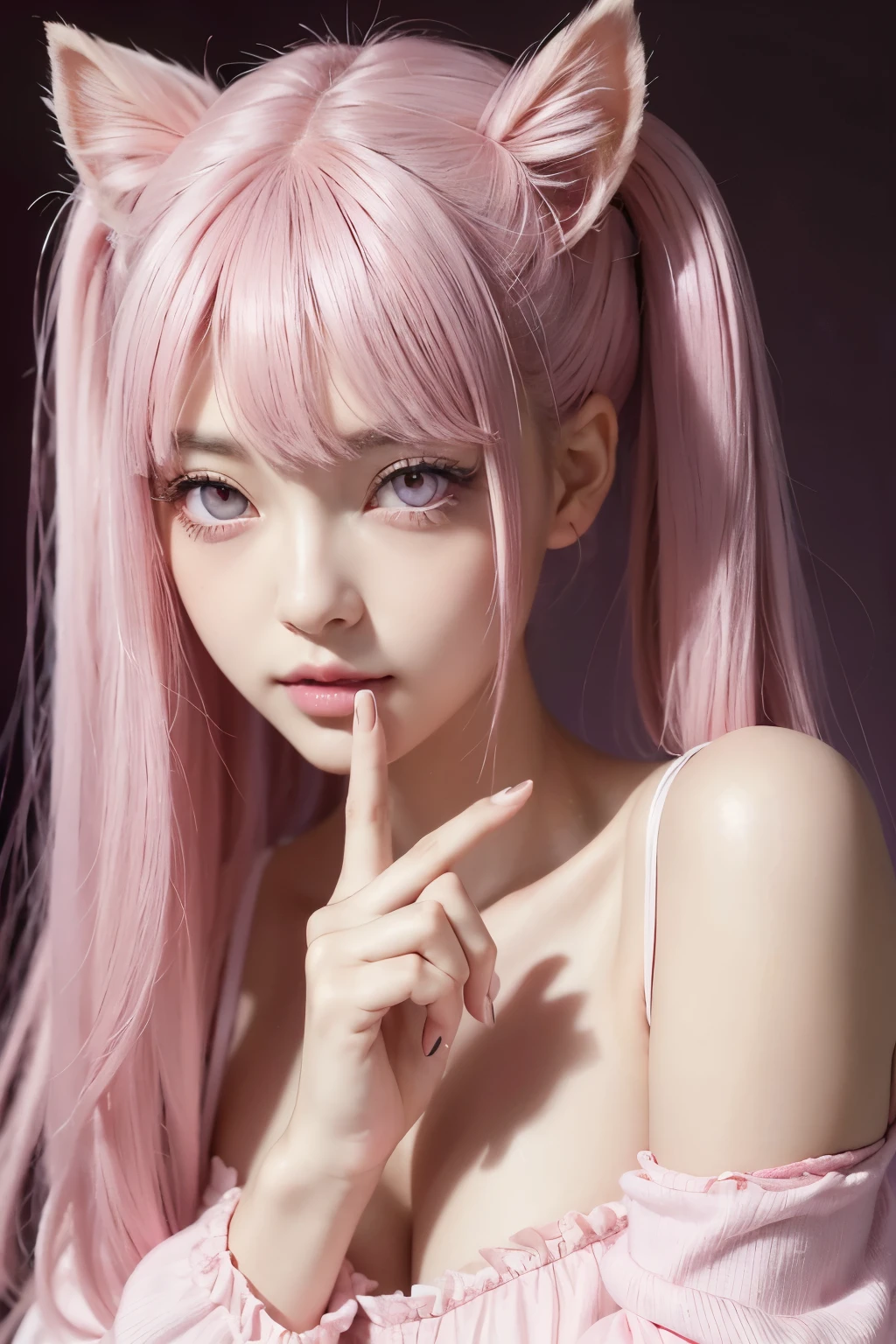 ((( pink eyes)))Dark pink hair(Curly hair in twin tails)Pink eyes like the eyes of a big cat((Bewitching beauty))角度の強いhanging eyes、(( Quiet pose with one finger on her lips )) large dark pink eyes with beautiful white skin 1Woman Smiling 、((hanging eyes)) beautiful women with well-groomed faces wear flashy ruffled dresses、Dark pink dyed twin tail hair 、 big dark pink eyes hanging like cat eyes、Close your mouth and look at viewer 、((dark pink contacts ))Thin face(痩せているBewitching beauty)、(dark pink iris)