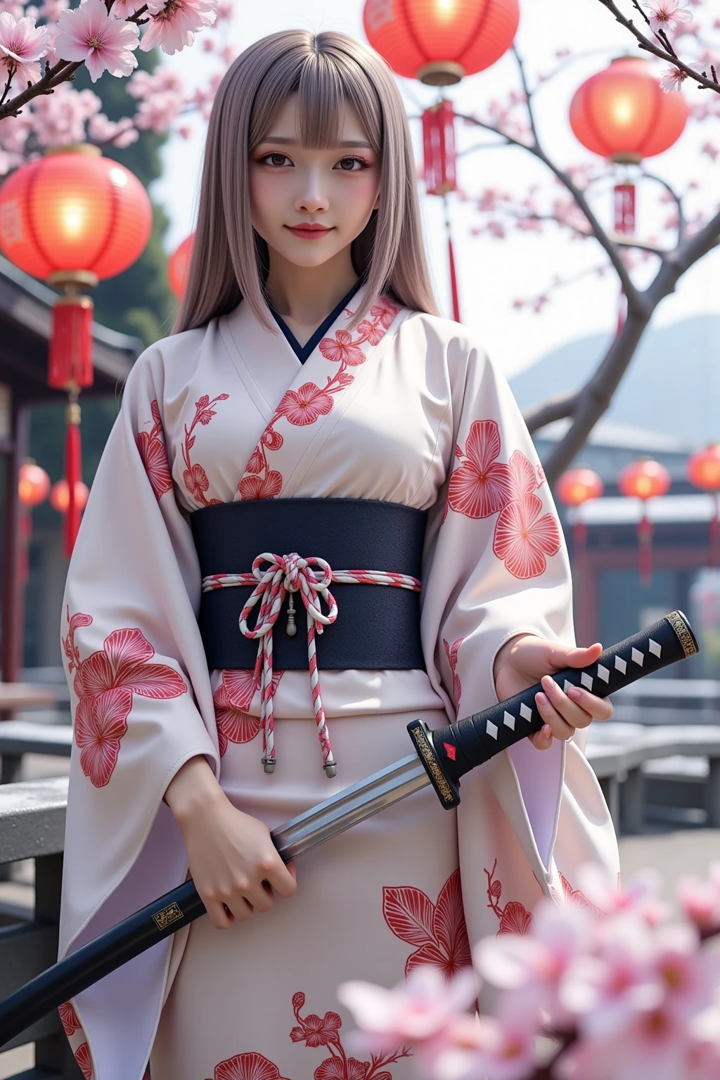 It depicts a beautiful Japanese woman in a kimono、shiny skin, large breasts:0.5, looking up, watching the view, beautiful hair, beautiful face, beautiful detailed eyes, (middle hair:1.5, japanese hair:1.5), black hair, blue eyes, (((red floral kimono), hair ornament)), ((smile:1.5, open your mouth wide)), walking, (beautiful scenery), winter, dawn, (new year's day, first visit),crowd, snow, snowfall:1.5, freezing weather, frost, (8k, top-quality, masterpiece​:1.2, extremely detailed), (photorealistic), beautiful illustration, natural lighting,((perfect anatomy, anatomically correct, super detailed skin)), 