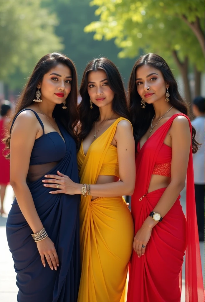 3 college girls, posing for farewell, left one wearing navy blue colour transparent saree,she wears navel chain in her waists, she is curvy, she is showing her navel in saree, she is wearing waist chain, earrings, noserings. She has silky hair, nice appearance. Centre girl is in yellow transparent saree, she is tall, fit, curvy hips. She has navel visible in saree, she is makeup, she is wearing black leather watch, she is touching her hair. Right one is in red transparent saree and wearing sleeveless blouse, she is facing camera, she has deep navel ,uncovered by saree and wearing navel chain around her waist, she has silky hair, curvy body, nice look, excellent makeup. Its a bright sunny day. They are standing infront of garden in their college. There are lots of girls standing there. 8k image, 70mm photo, intricate details. 