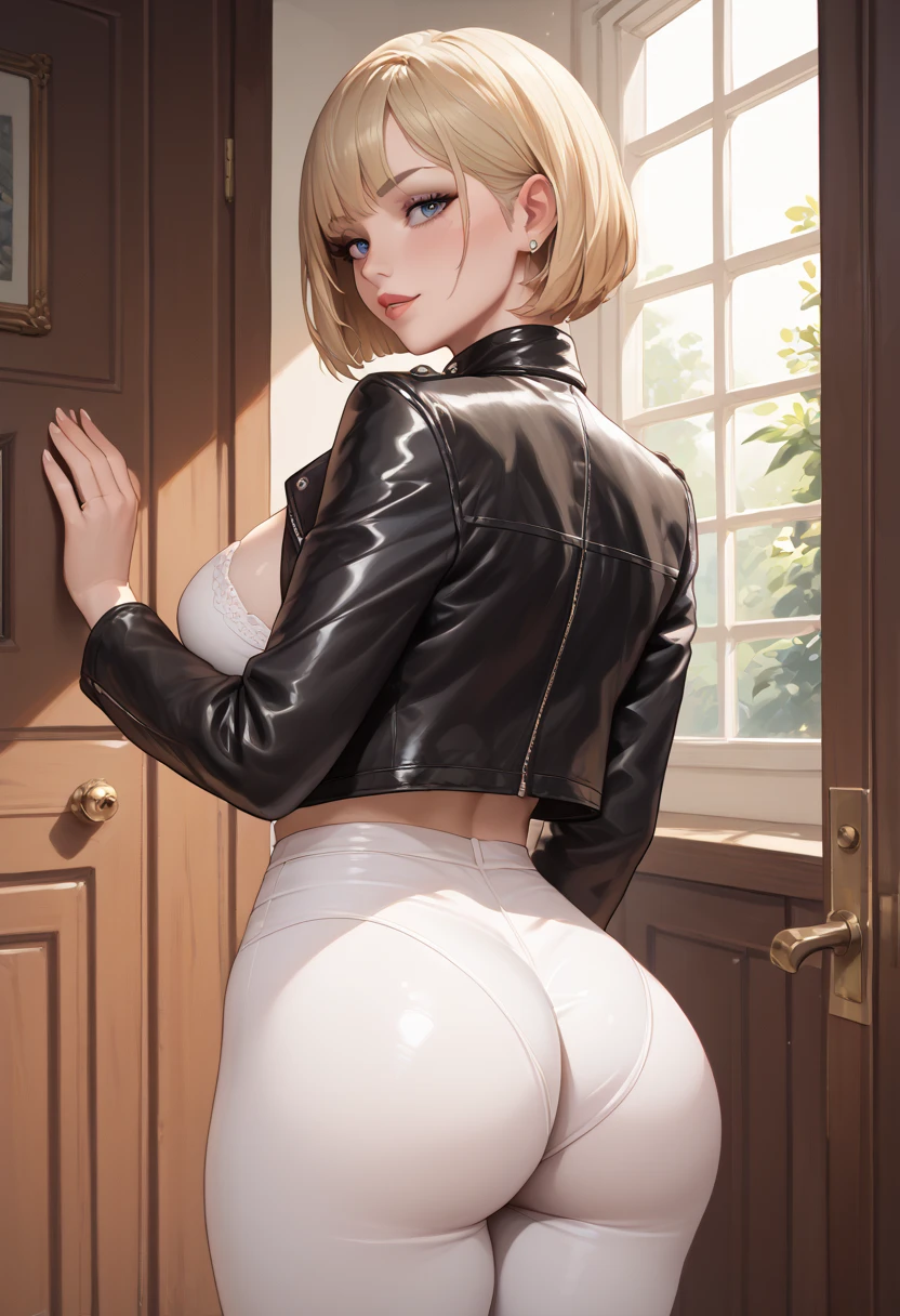 35-year-old woman with short blonde Bob-style hair with big breasts wearing a leather jacket wearing a blouse and tight latex pants showing her butt while standing at a door at night cuerpo completo 