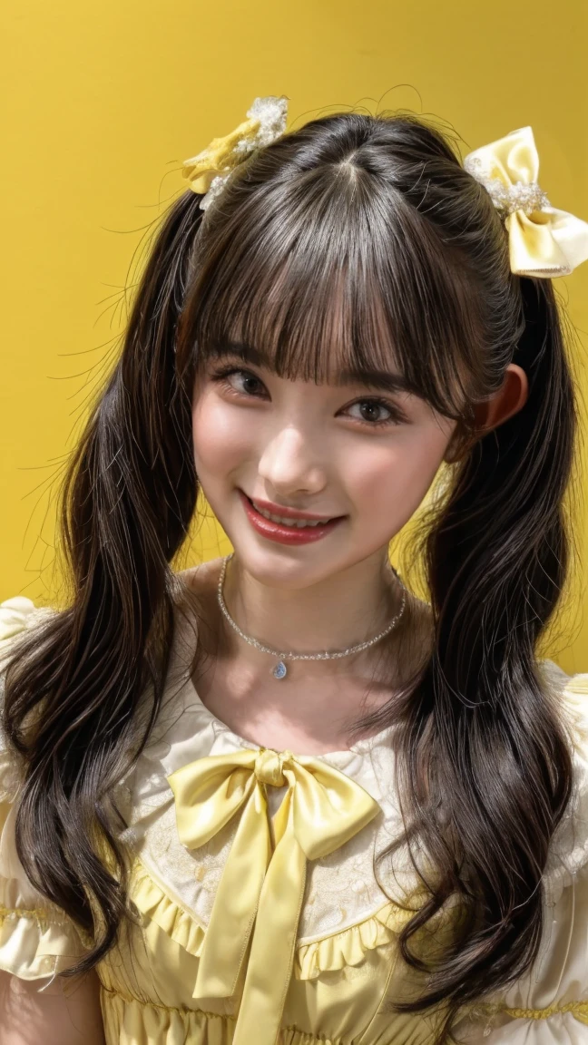 (realistic, photo-realistic:1.2), (masterpiece, best quality), high resolution photograph, extremely detailed, intricate details, sharp details, sharp focus, professional lighting, solo, 1girl, a 19 year old Japanese female idol, full body, slim body, tiny breasts, (frilly yellow dress, princess dress, seductive dress, open chest, puff sleeves, yellow ribbon, choker, jewelry), ankle strap heel-sandals, pale skin, fine-textured skin, shiny skin, (dark hair, shiny hair, pigtails hair, straight hair, blunt bangs, hair scrunchie:1.2), (beautiful detailed face, extremely detailed eyes, beautiful detailed nose, beautiful pupils), (cheerful grin), (standing ,open legs, desperate pose), (peeing self, urination:1.2), pee puddle, photo background, indoors, the concert venue, spotlight, detailed stage, audience,