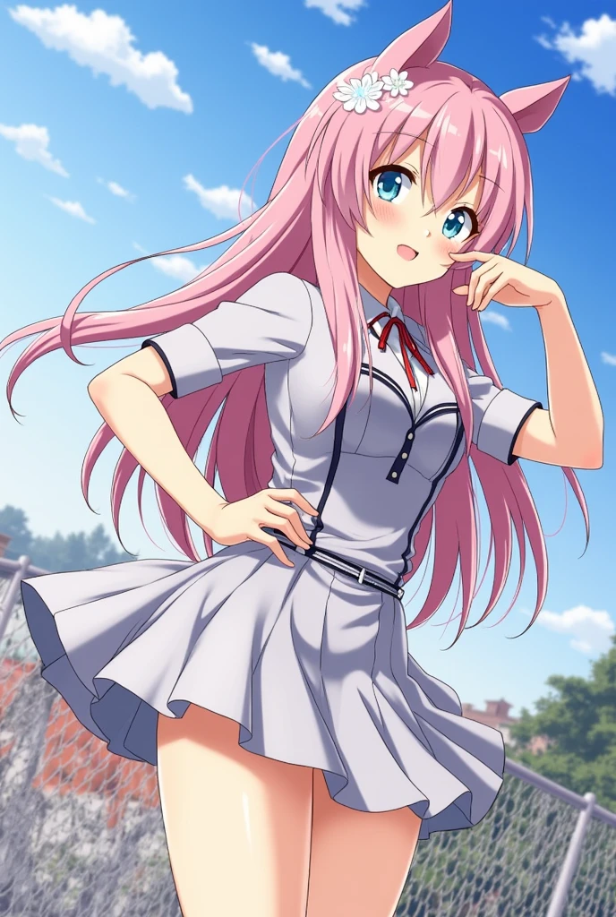 1girl, solo, anime coloring,
long hair, pink hair, red eyes, seductive smile, small breasts, white shirt, red bowtie, hairclip,
field, blue sky,
masterpiece, best quality, very aesthetic, absurdres,Skirt fully visible、Stripes々Panties、Panties in full view、Skirt fully visible、Without skirt、Panties fully exposed、Nipples、Half naked