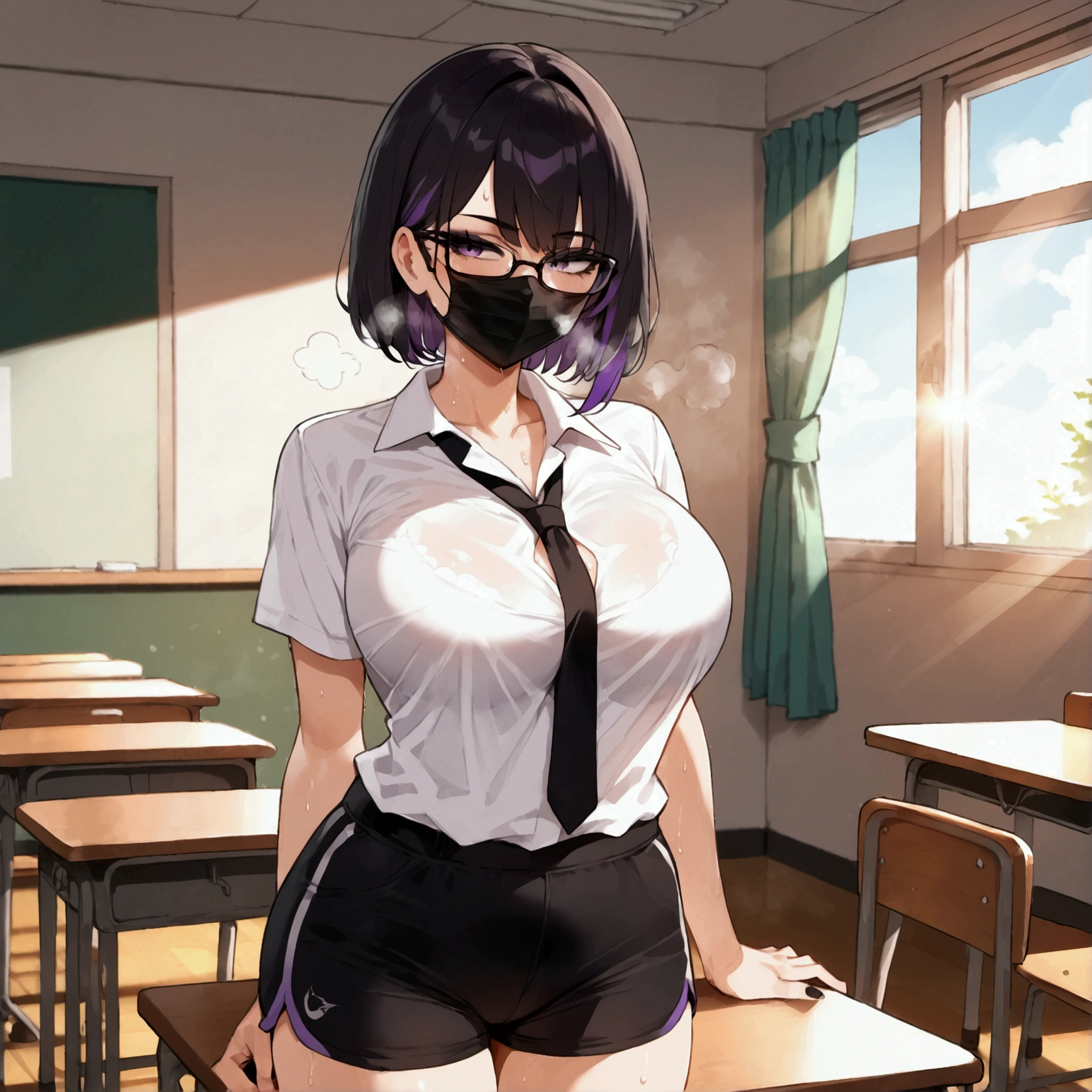 (masterpiece), (best quality), (ultra detailed), intricate details, detailed beautiful face and eyes, pink eyes. Yuri sakazaki, 1girl, solo, purple eyes,, long hair tied in braid, purple and blue ombré hair ribbon, fingerless gloves, gloves, pantyhose, pleated_skirt, torn pants, short sleeves, nsfw, finger in mouth, back facing the camera, fishnet tights. Masterpiece. High quality. Anime girl. Large breasts. Tight clothes. English teacher. Class room background. Glasses. Large ass. Formal clothes. Mini skirt. Shirt showing cleavage. Blushing. Happy expression. Drooling at the mouth. Green eyes. Leaning forward. High heels.