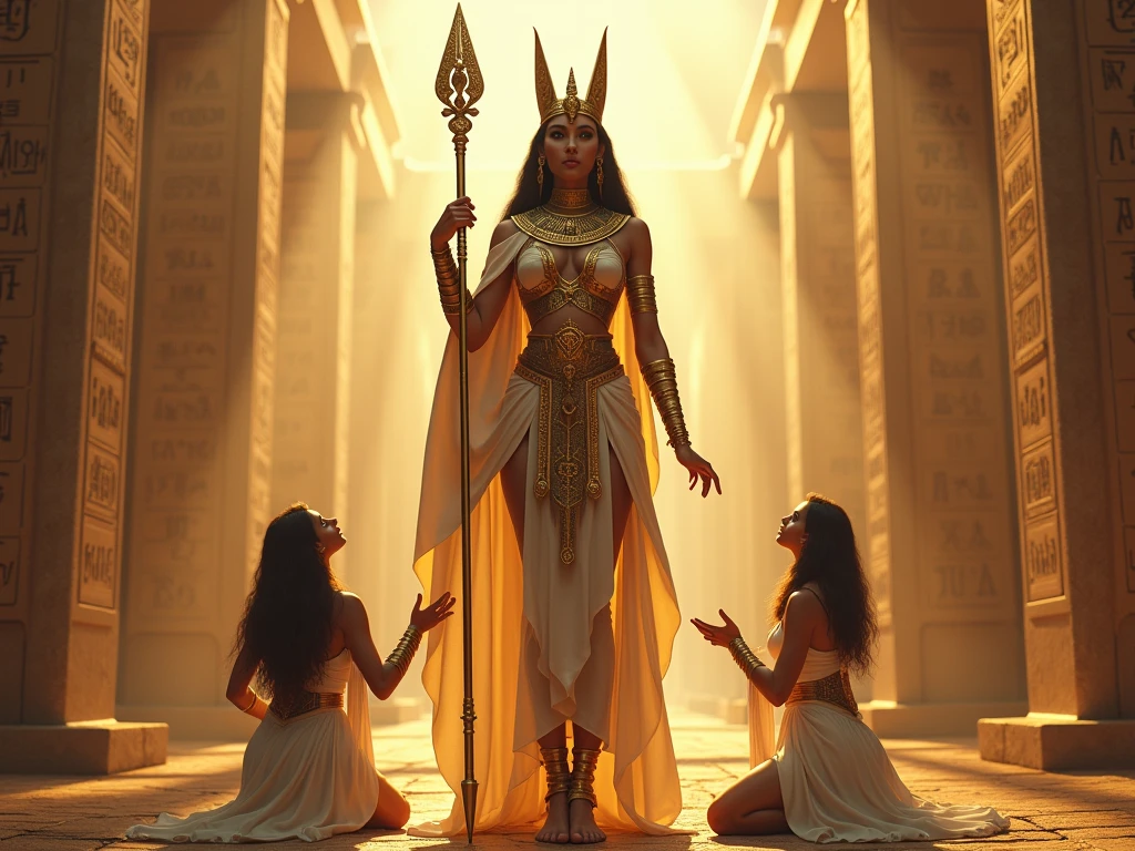 Show Hathor, the Egyptian goddess of music, dance, and love, with a sun disk and cow horns on her head. She is playing a sistrum, surrounded by dancers and musicians in a grand celebration, with the setting sun casting a golden glow over the Nile. —ar 9:16 —s 1000
