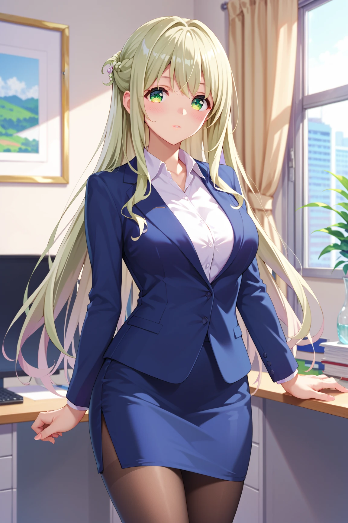 masterpiece, best quality, 8k Ultra HD, extremely delicate detailed, nonomi izayoi, cowboy shot, shoot from front, solo, beautiful face, light green eyes, (finely detailed eyes, beautiful eyes), large and beautiful breasts, (long hair, ultra-light Ivory hair), blush, standing, business suit, pencil skirt, pantyhose, office,