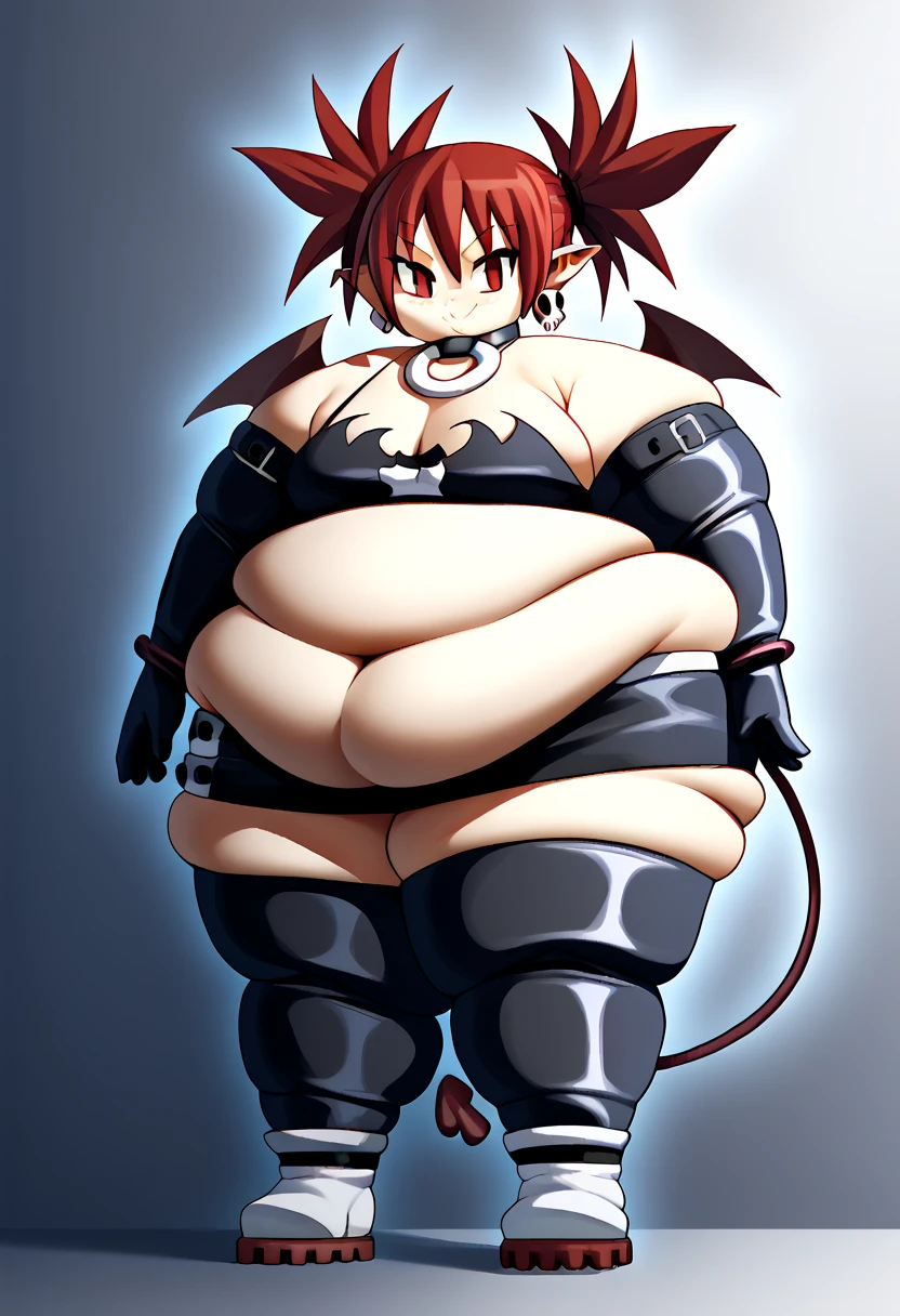 Etna - Disgaea 1, 1girl, Alone, obese body,perfect face, great detail, depth of field, 1girl, solo, red hair, twintails, pointy ears, red eyes, skull earrings, choker, wings, elbow gloves, skirt, tail, thighhighs, boots
 thick legs、thick below the knees、thick ankles),1girl, SSBBW anya forger, big cheeks, ssbbw, severely obese, 600lbs obese female, no pupils, ultra detailed, masterpiece, best quality, aesthetic, detailed, Fluffy and Fat Face, Big Butt, Big Cheeks, Obese Body, Sexy, Obese Girl, Happy, Cute Expression, Very Hot, bbwchan, nsfw art, manhwa, oppai proportions, she has a jiggly fat round belly, body swelling about to explode, thicc, with a large breasts, doujin, very thick thighs, obese arms, obese belly, big cheeks, Slob body