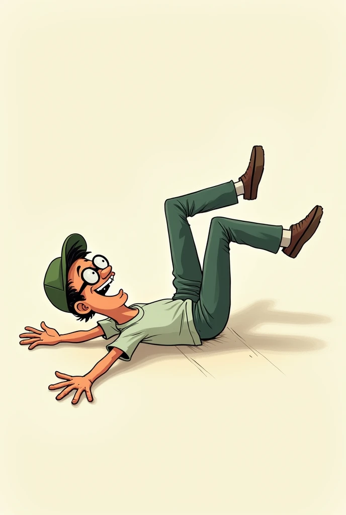 2zdxxps, 1boy, male focus, solo,  brown hair, shirt, simple background, closed mouth, red shirt, full body, on back, laying, flour, baking powder, white powder, smoking, dazed, 2 dimensional, flat color, cel shading, source_cartoon, vector art, score_9, score_8_up,