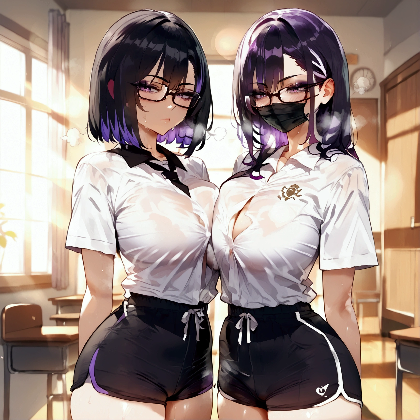 young girl, short black hair, dyed purple under the hair, black glasses, black mask, black eyeliner, white shirt, big breasts, black sports shorts, hands behind, empty classroom, afternoon, sun rays sun, steam, sweat, breath, lewd atmosphere, sexual tension.