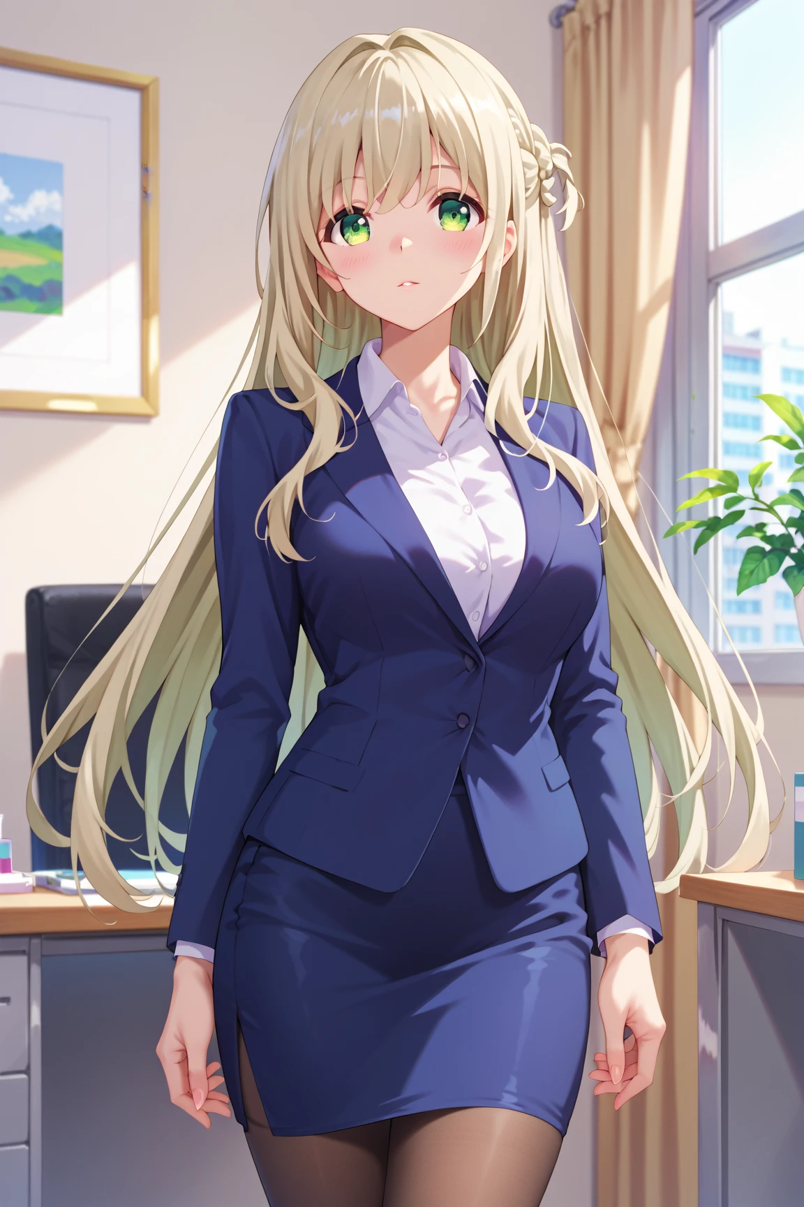 masterpiece, best quality, 8k Ultra HD, extremely delicate detailed, nonomi izayoi, cowboy shot, shoot from front, solo, beautiful face, light green eyes, (finely detailed eyes, beautiful eyes), large and beautiful breasts, (long hair, ultra-light Ivory hair), blush, standing, business suit, pencil skirt, pantyhose, office,