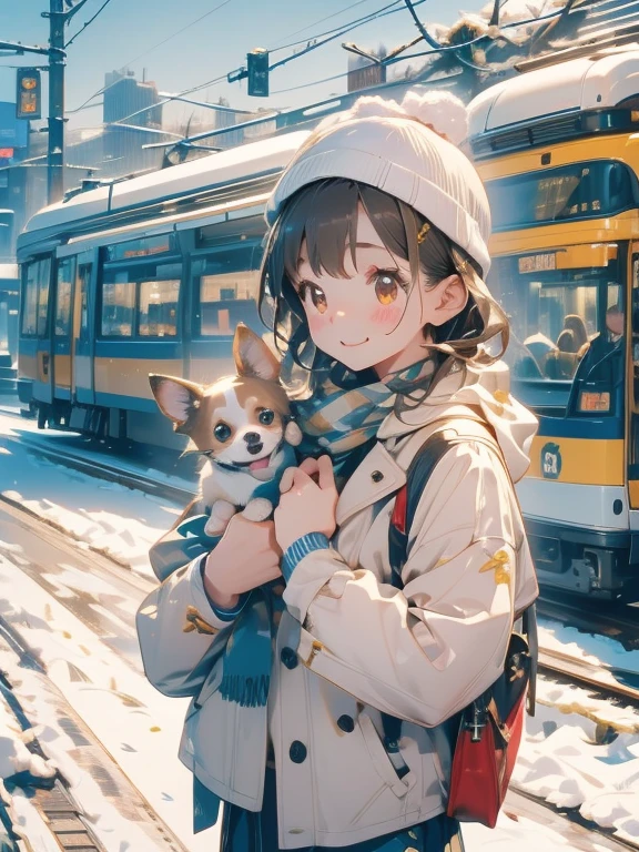  The cutest chihuahua in the world、I'm actively moving around Tokyo train stations wearing clothes、((  realistic  :1.3))、  snow falling   、     Merry Christmas  、 Tram  、