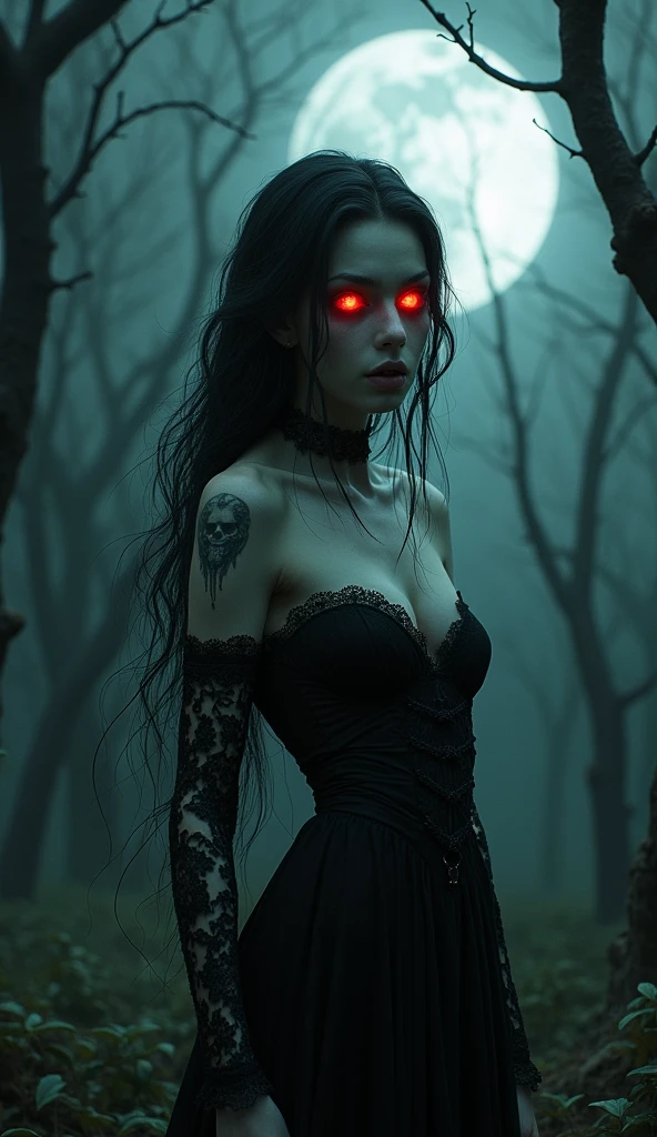 (photorealism:1.2), airbrushed dream paiting style, beautiful European girl, , like a dream, red flaming eyes, very long straight ironed light brown hair combed back, leather jacket, black hot swimsuit with height cut,, silver goth knife, rain, haunted forest, night, grave shot from behind