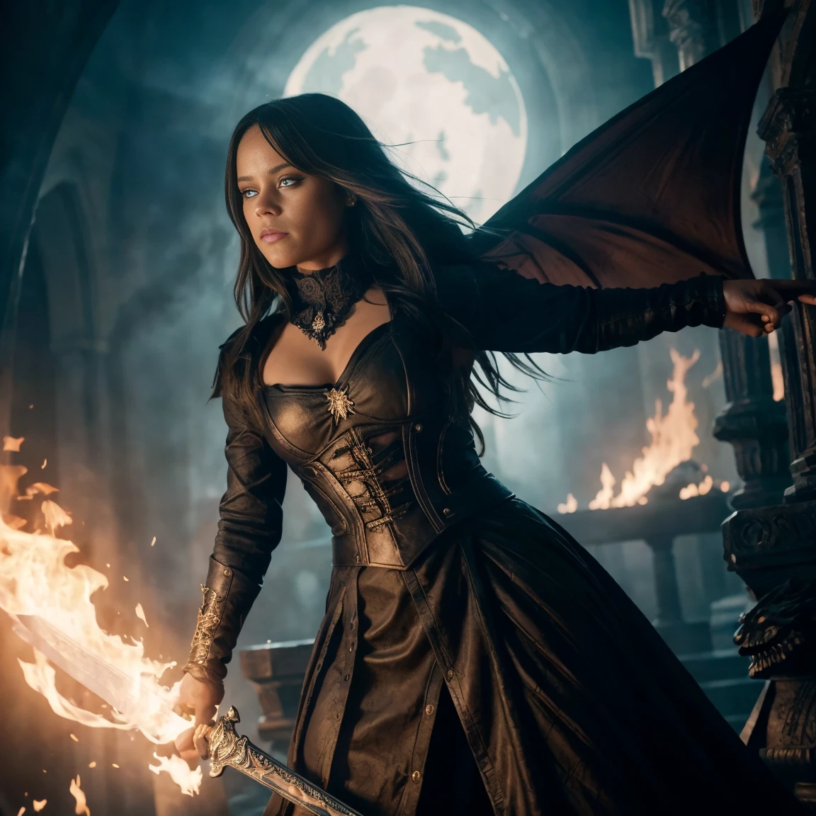 Jenna1, jenna_Ortega, standing, holding an ancient and shiny sword ,  while a beautiful fire-breathing dragon illuminates the surrounding darkness,  facing a monster with courage and challenge , long flowing hair,  Blue Eyes, smiling,  wearing dark and gothic clothing, sensual, real life,  full body photo , (Ultra Realistic:1.4), Photorrealismo, Photografia, 8K UHD, Photo, HDR, complex and elegant, highly detailed,  sharp focus,  awesome, linda, ( dazzling: 1.2),  best quality 1:1, ultra details: 1.4,  best shadows , (8k: 1.1), ( beautiful and detailed face),  high contrast , ( perfect lighting: 1.2), (( cinematic lighting )), colorful, hyper-detailed, dramatic light,  intricate details,  photograph of Arny Freytag .