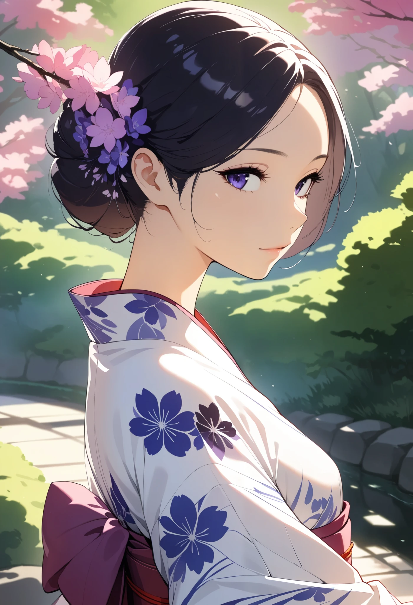  1 Woman ,  beautiful skin,  fine skin, Vibrant Hair,  beautiful eyes, yukata:1.2,  thin waist ,  slender body, Big Breasts:1.2, Nape:1.6,  head, 青い花柄のyukata, Shiny thighs,  sexy shot, Japanese garden background, Chiaroscuro, Watercolor,  High Quality ,  high definition , masterpiece:1.2