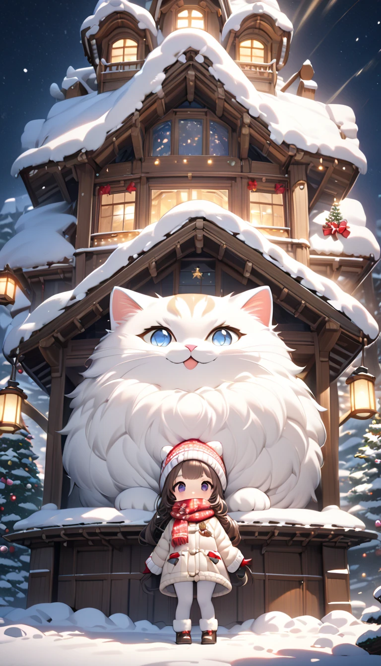 (masterpiece), (ultra-detailed, best quality, clear focus, dramatic scene, cinematic), shadow, (ultra-high resolution, 8k), perfect anatomy, perfect face, (detailed face), (detailed eye), (chibi), cute Japanese chibi girl, famous Japanese chibi idol, very beautiful and cute and cool face, (wearing an cute winter wear with warm pants with scarf and gloves:1.2), knit cap, (large breasts), (She is standing with her cat in front of the gorgeously decorated huge Christmas tree house:1.3), at night, snow covered, deep snow, stormy, she is showing smile, dynamic angle, (a very cute giant fat cat is mewing with her), professional lighting, (detailed very cute fluffy cat:1.3), they looks so happy, (gorgeously decorated Christmas tree house with shining Christmas lights:1.3), (spectacular view of snow covered Christmas-tree-house with milky way:1.2)