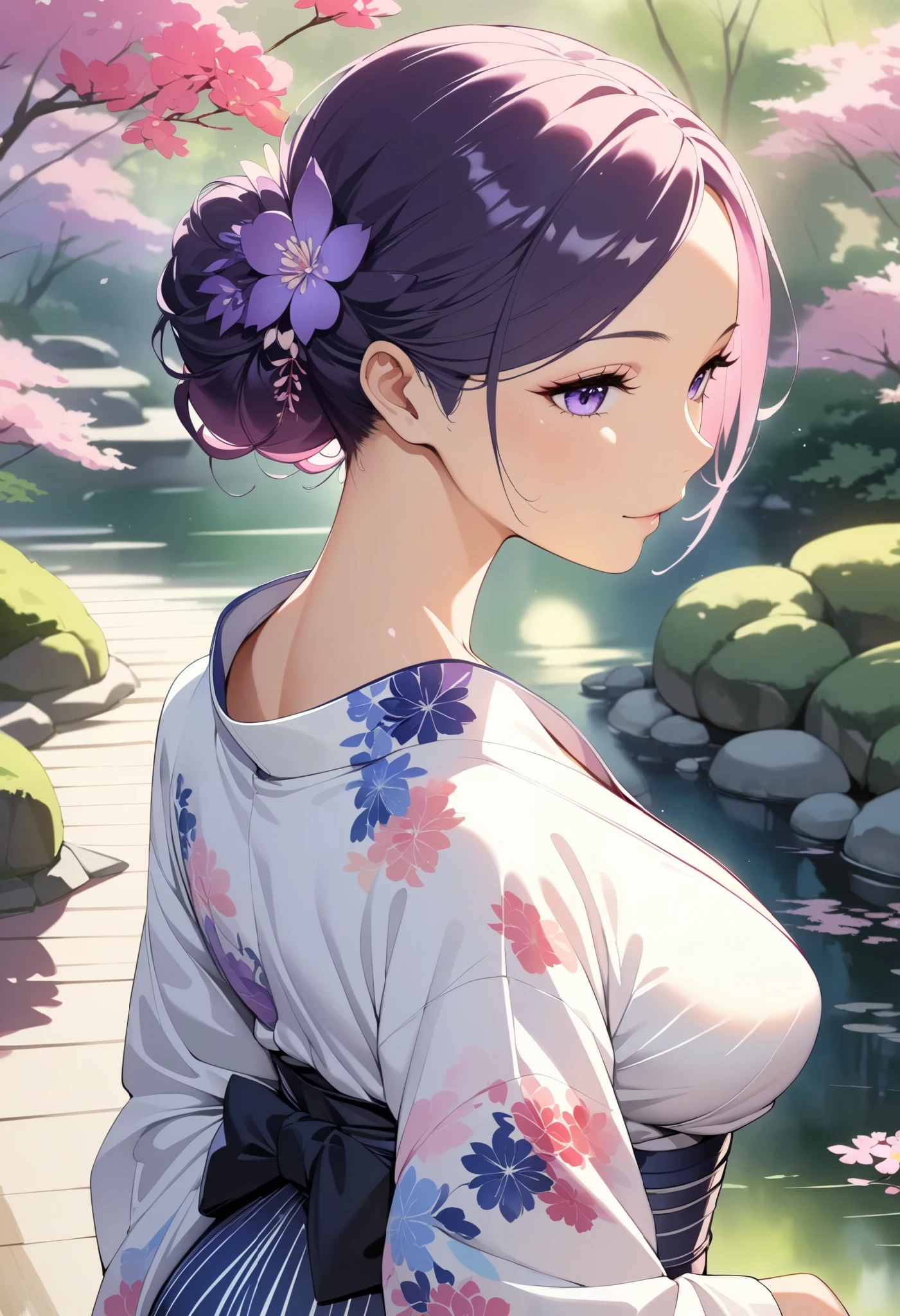  1 Woman ,  beautiful skin,  fine skin, Vibrant Hair,  beautiful eyes, yukata:1.2,  thin waist ,  slender body, Big Breasts:1.2, Nape:1.6,  head, 青い花柄のyukata, Shiny thighs,  sexy shot, Japanese garden background, Chiaroscuro, Watercolor,  High Quality ,  high definition , masterpiece:1.2