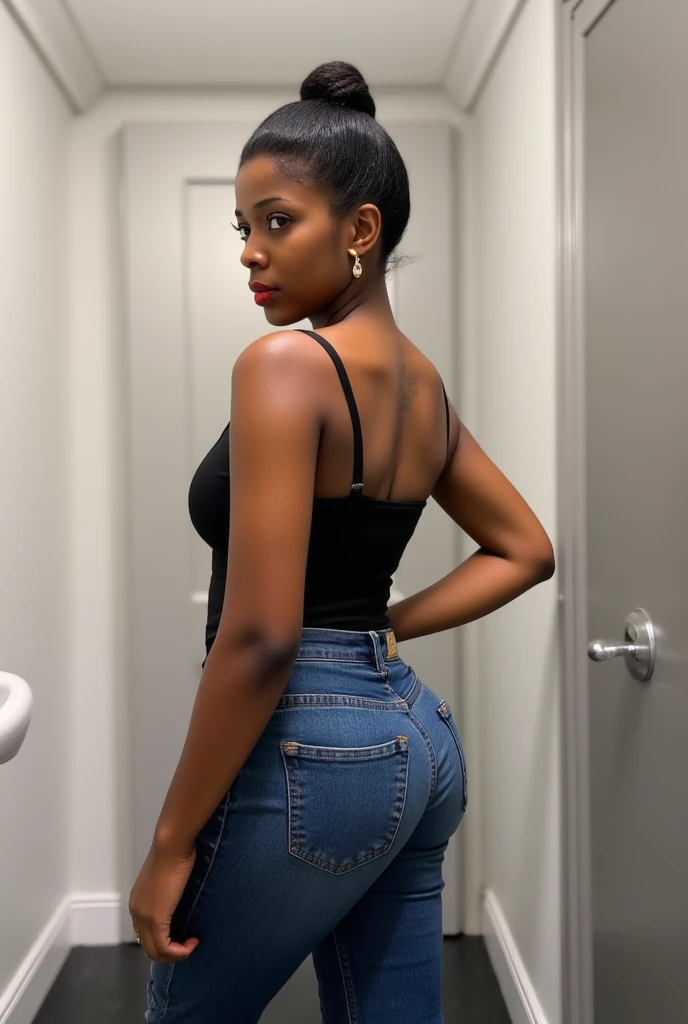 in bathroom, taking selfie, Masterpiece, high quality, 1, high resolution, volumetric lighting, subsurface scattering, 8k, Beautiful woman, (dark skin), phillipino, college student, uniform, (floral top, jeans), cleavage, wavy hair, headband, hoope earings, classroom, sexy pose, seductive pose, ((slim thick body:1.2)), thick thighs, round-butt, open mouth, big lips, Masterpiece, Professional lighting, 16k, 8k wallpaper, raw photo, photorealistic:1.8, ultra detailed, natural lighting